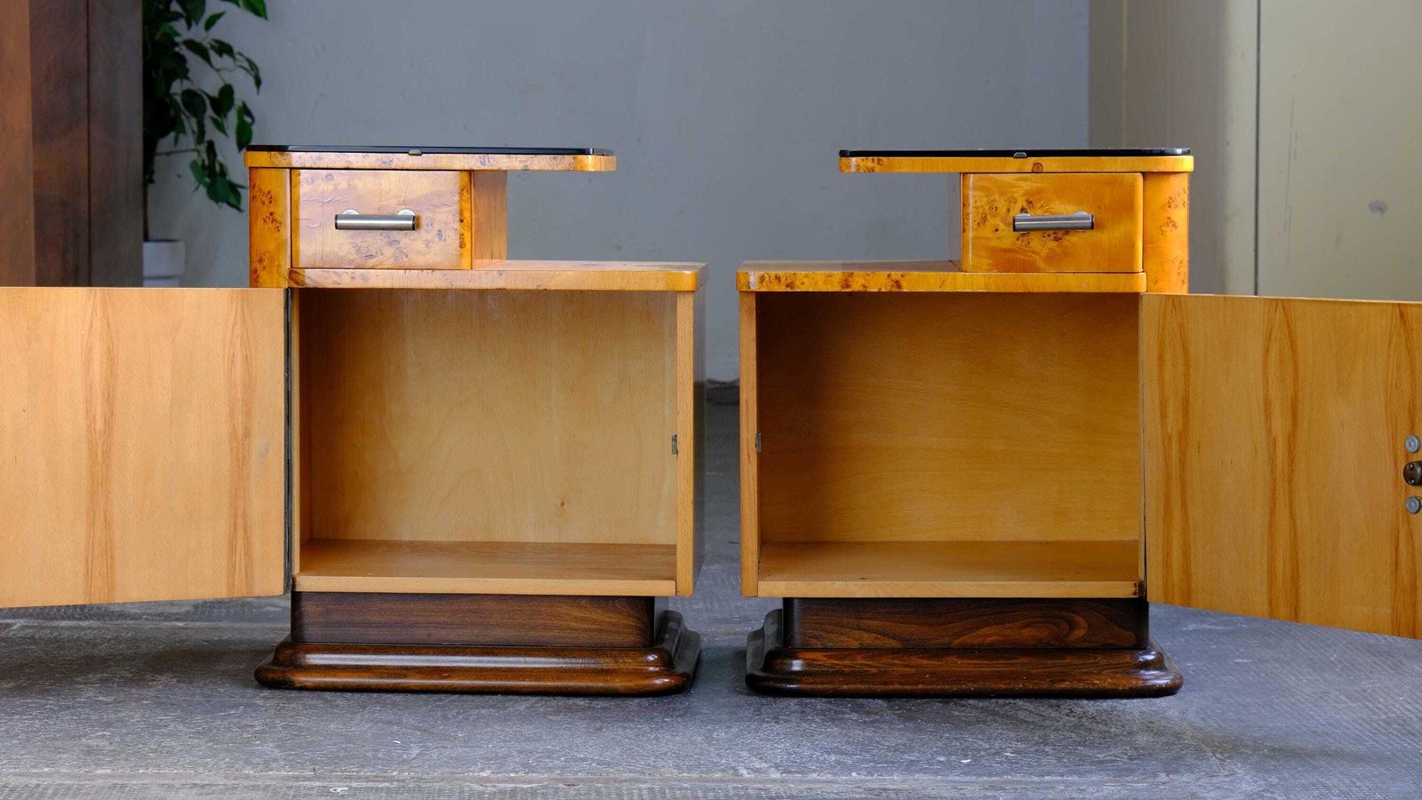 Set Of Two Art Deco Bedside Tables In Yellow Brown photo buy