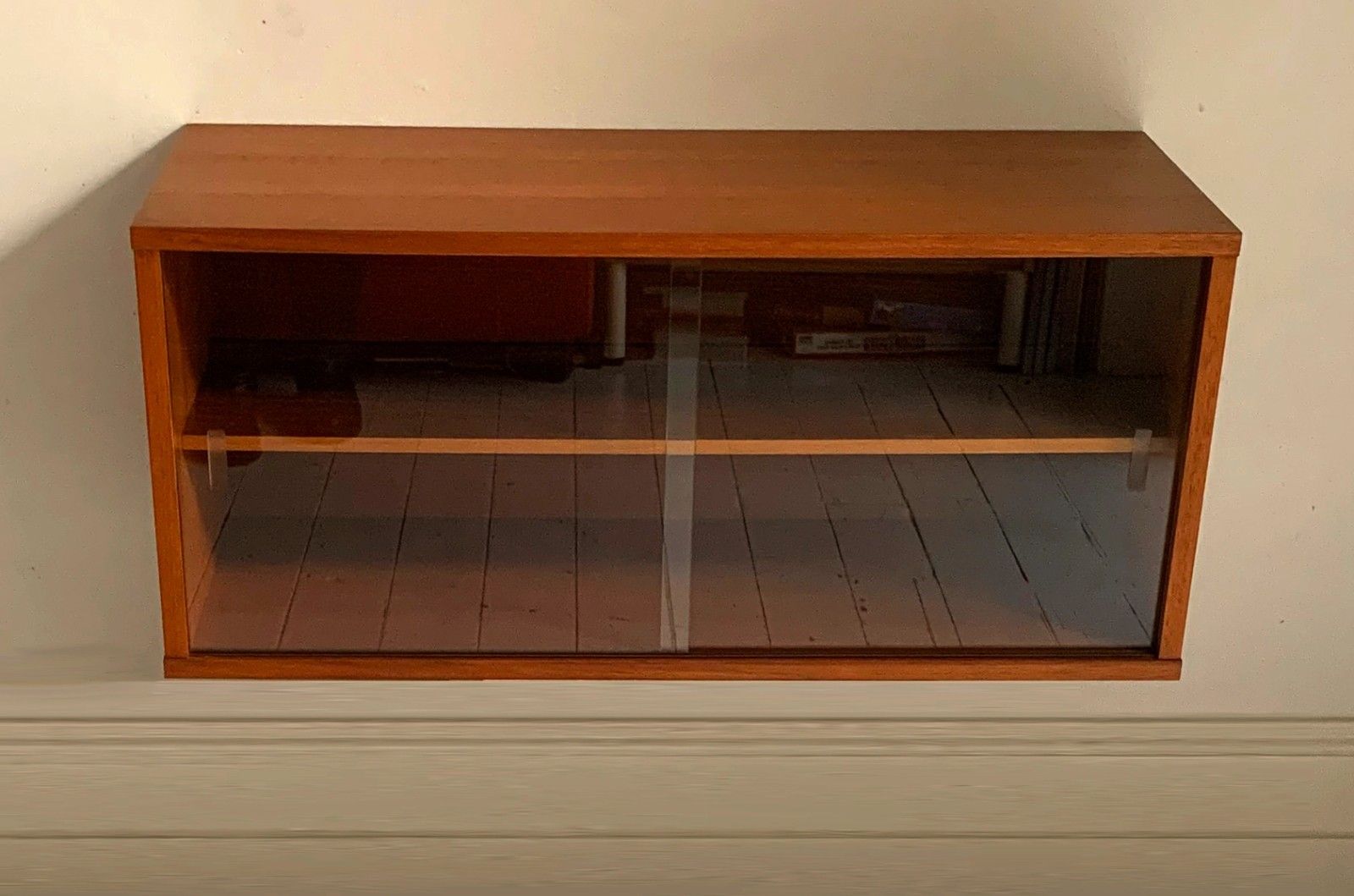 Mid Century Teak Beaver & Tapley 33 Floating Cabinet With Sliding Glass Doors