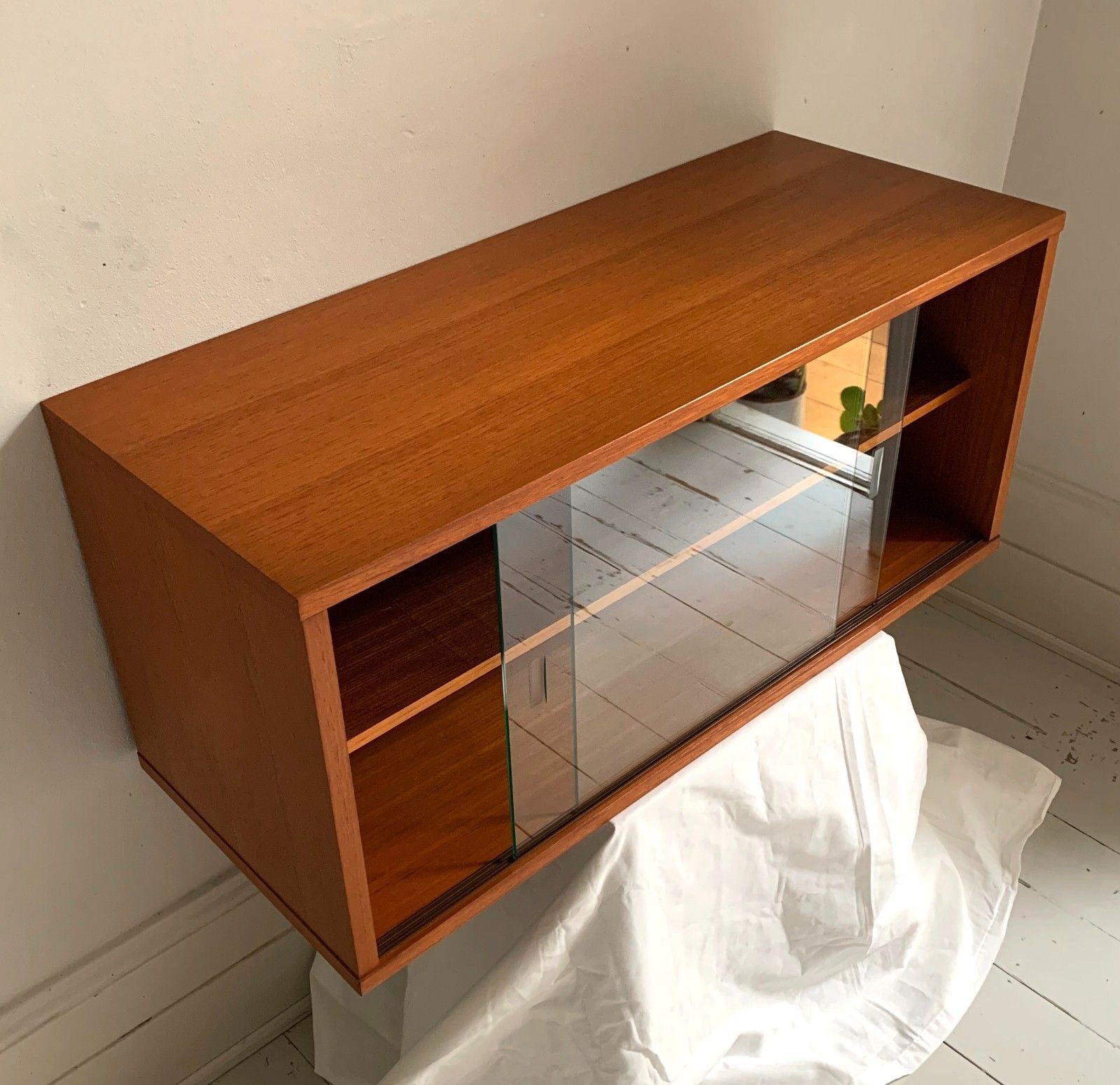 photo furniture Mid Century Teak Beaver & Tapley 33 Floating Cabinet With Sliding Glass Doors