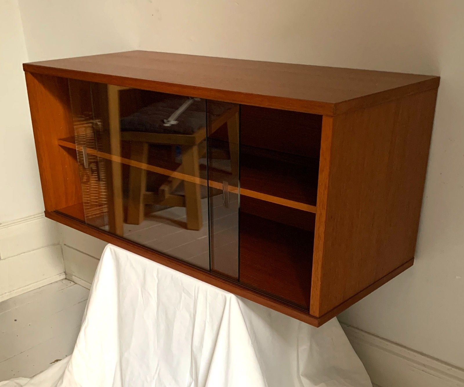 photo for sale Mid Century Teak Beaver & Tapley 33 Floating Cabinet With Sliding Glass Doors