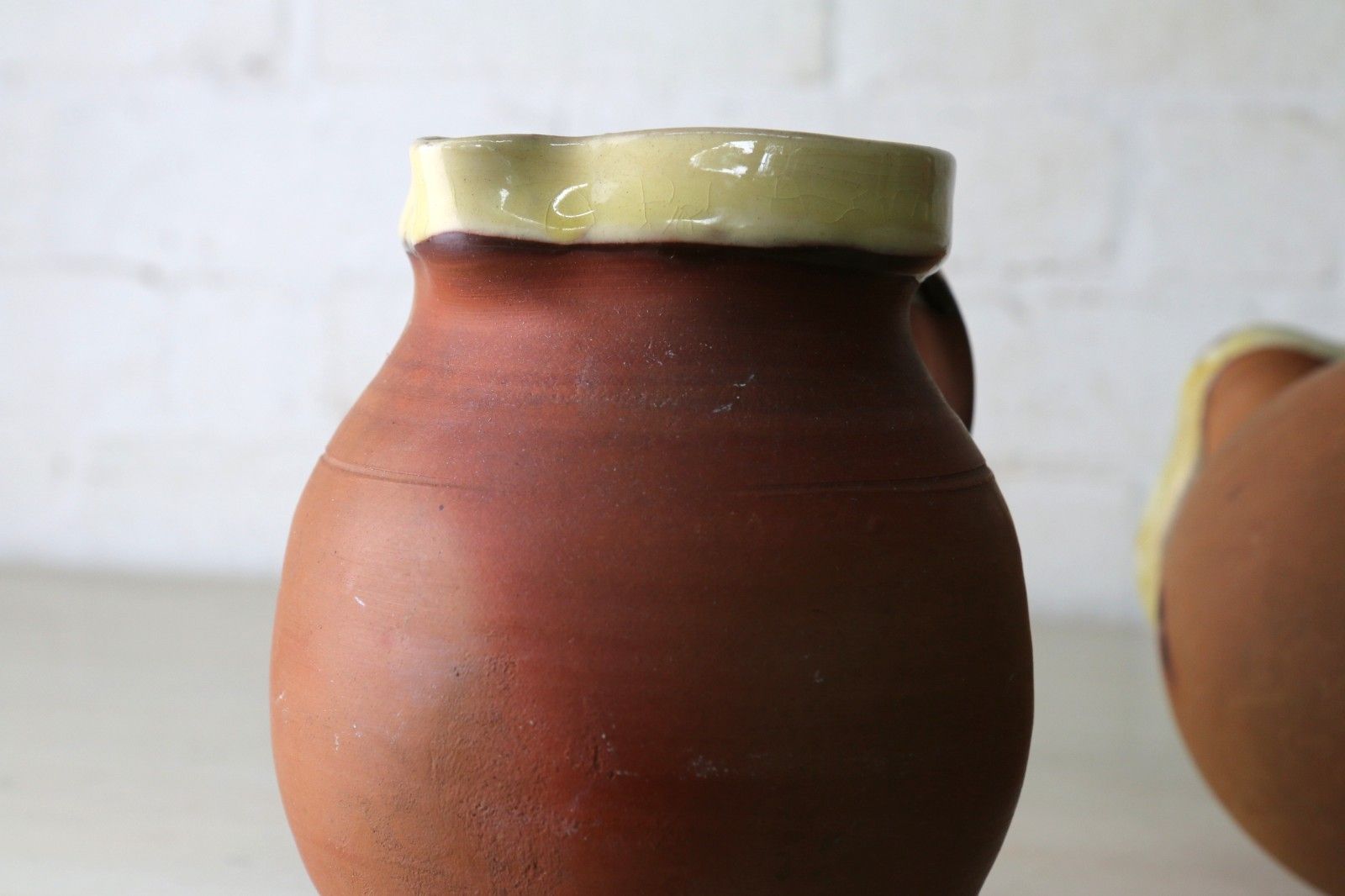 photo for sale Two Antique 19th Century Jugs Terracotta Slip Glazed Internally With A Cream Rim