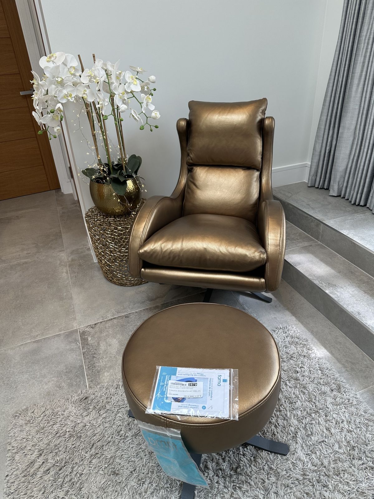 Brand New   Totally Unused   Fama Lenny Leather Chair And Footstool. Gold Dalmata (97). photo furniture