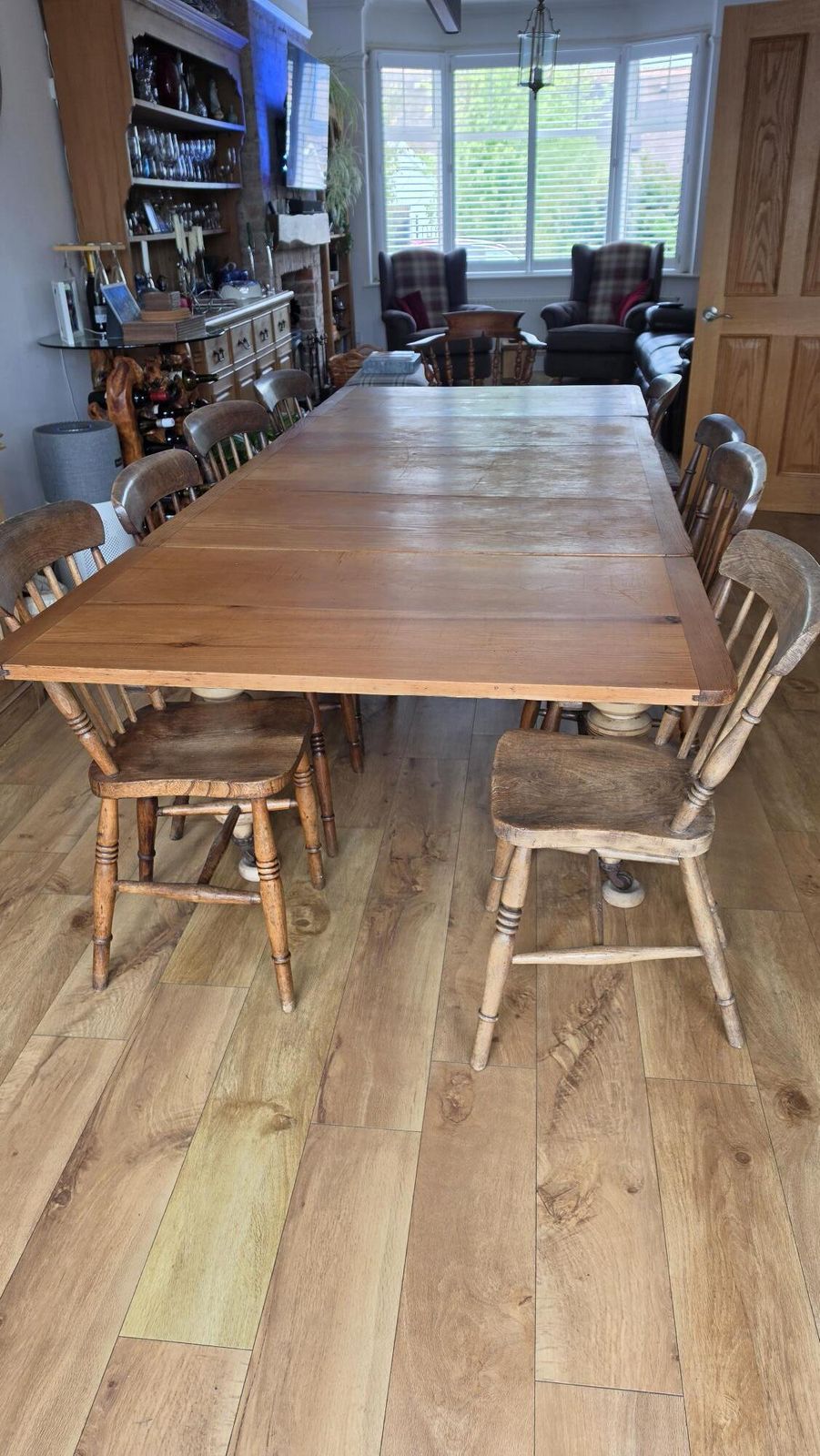 Victorian Farmhouse Set, Pine Top With Turned Elm Legs,  Set Of 8 Windsor Chairs.   Extends To Seat 10 photo furniture