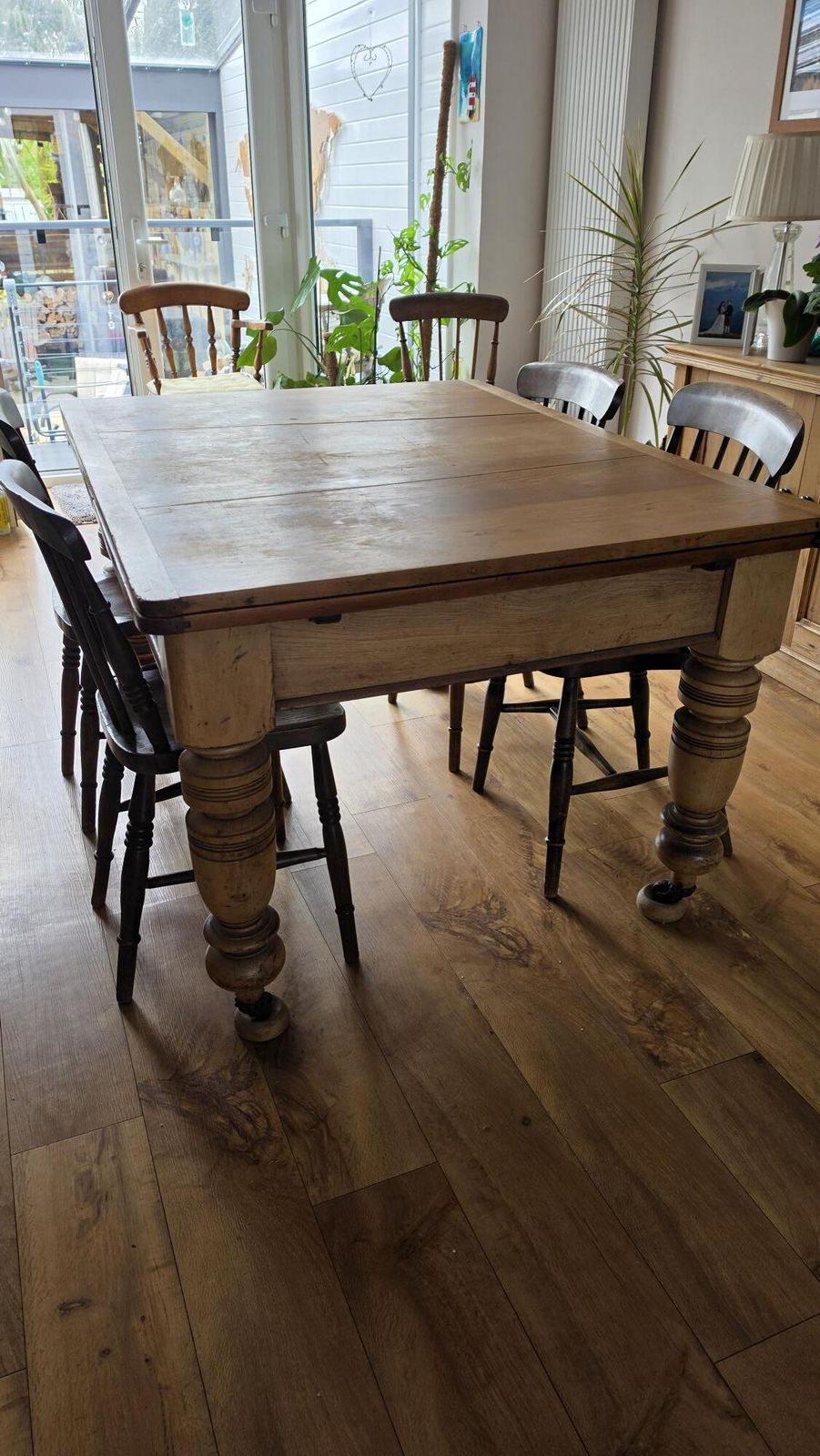 Victorian Farmhouse Set, Pine Top With Turned Elm Legs,  Set Of 8 Windsor Chairs.   Extends To Seat 10 photo 1300.0