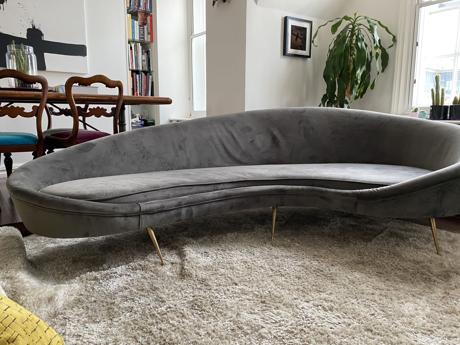 Sculptural Curved Grey Velvet Conversation Sofa photo Furniture