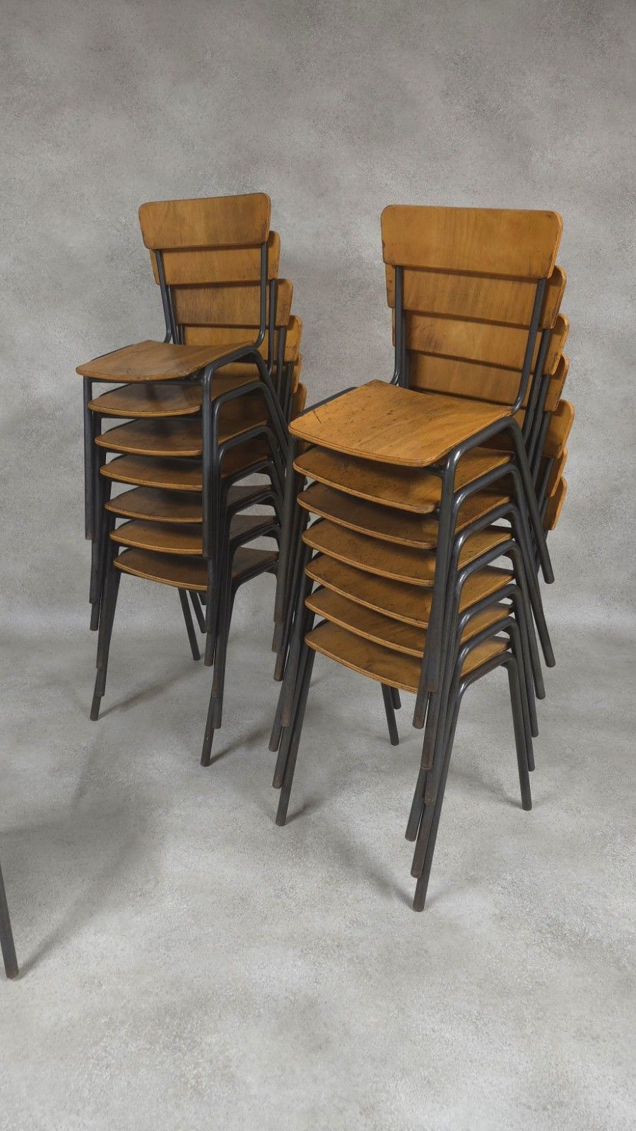 photo for sale Vintage Industrial Stacking Chairs Steel Style Furniture Plywood & Steel