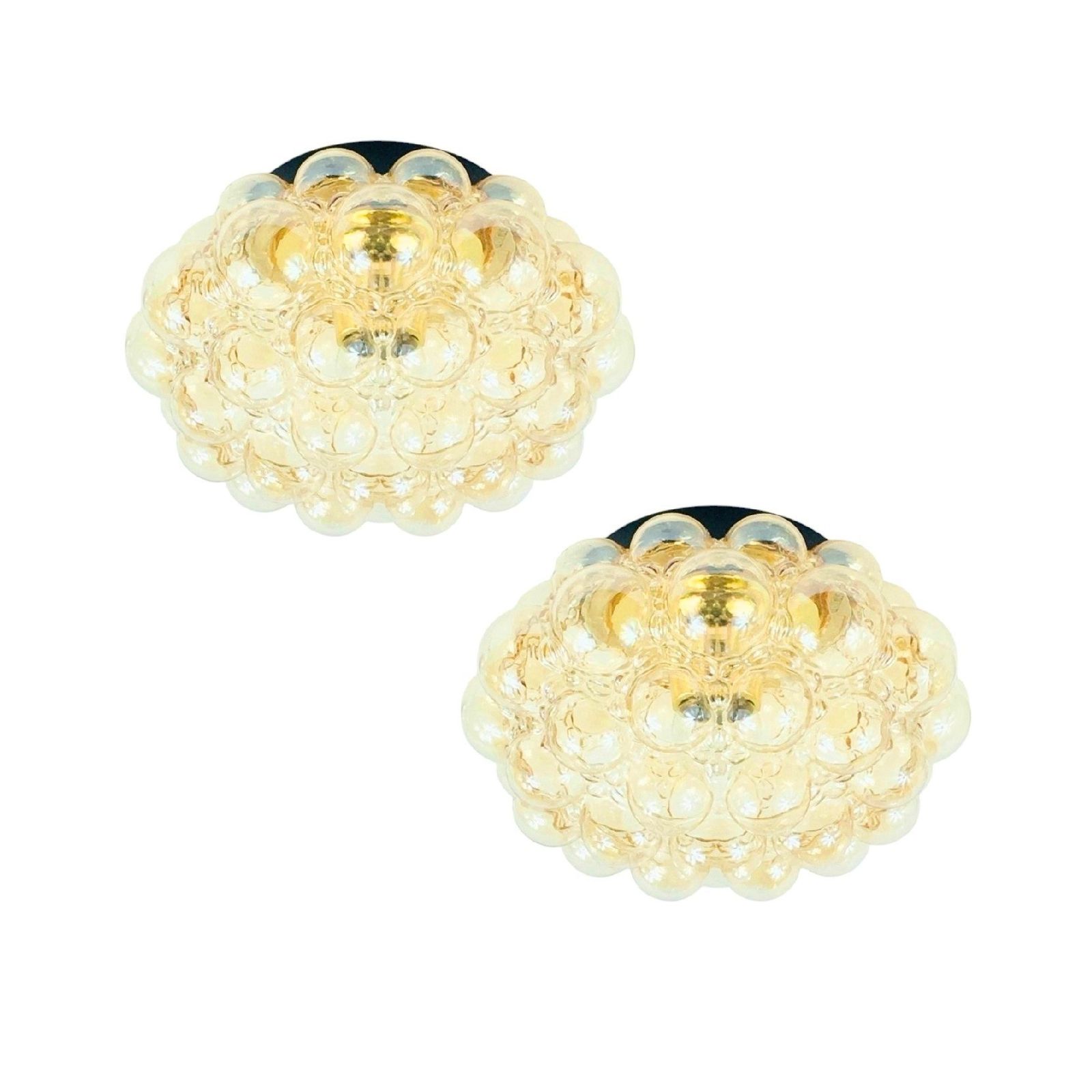 Paar Grote Mid Century Amber Bubbelglas Plafondlampen Van Helena Tynell Voor Limburg, Duitsland, Jaren 1960/1970