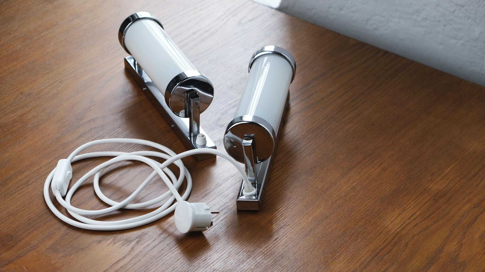 Bauhaus Chrome Wall Lamp By Napako With White Glass Cylinder, Power Cable And Plug, Size M photo for sale