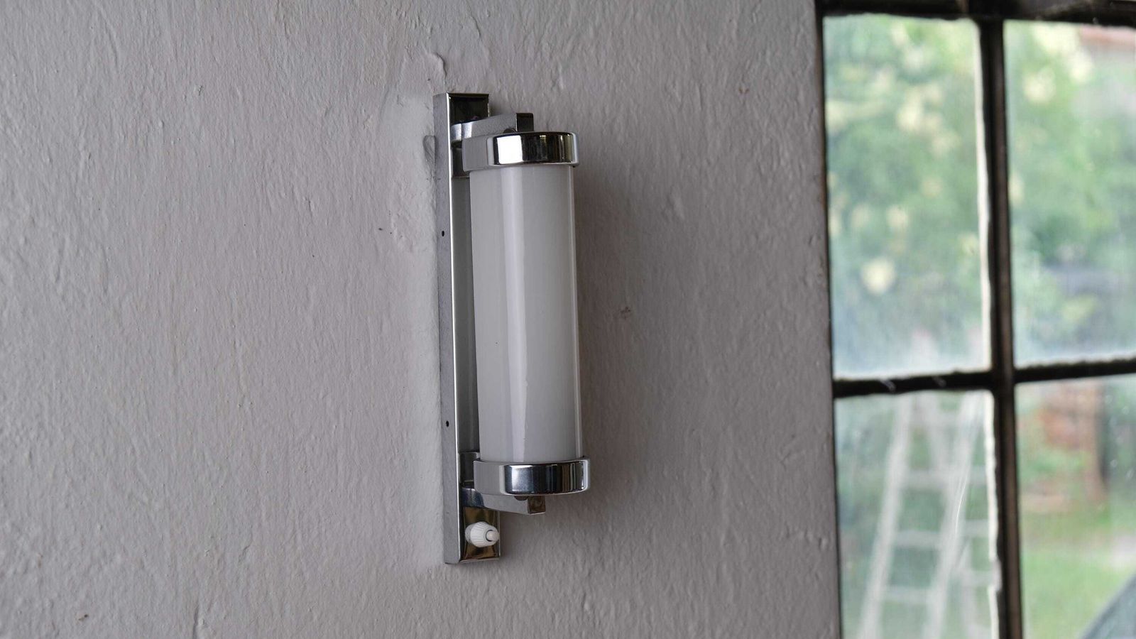 Bauhaus Chrome Wall Lamp By Napako With White Glass Cylinder, Power Cable And Plug, Size M photo Lighting
