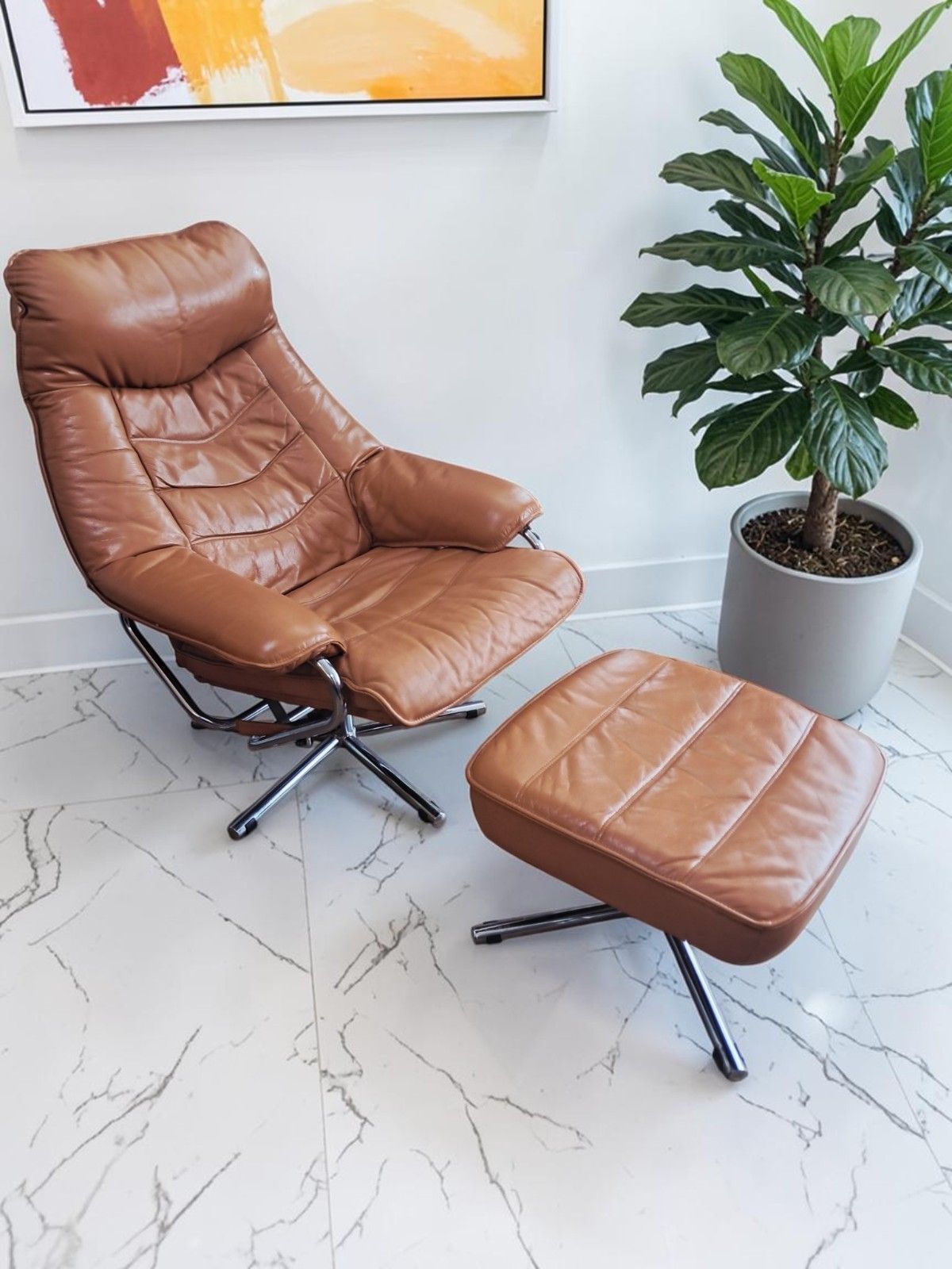 Mid Century Leather Lounge Chair Swivel & Footstool By Skoghaug Industri 1980 photo furniture