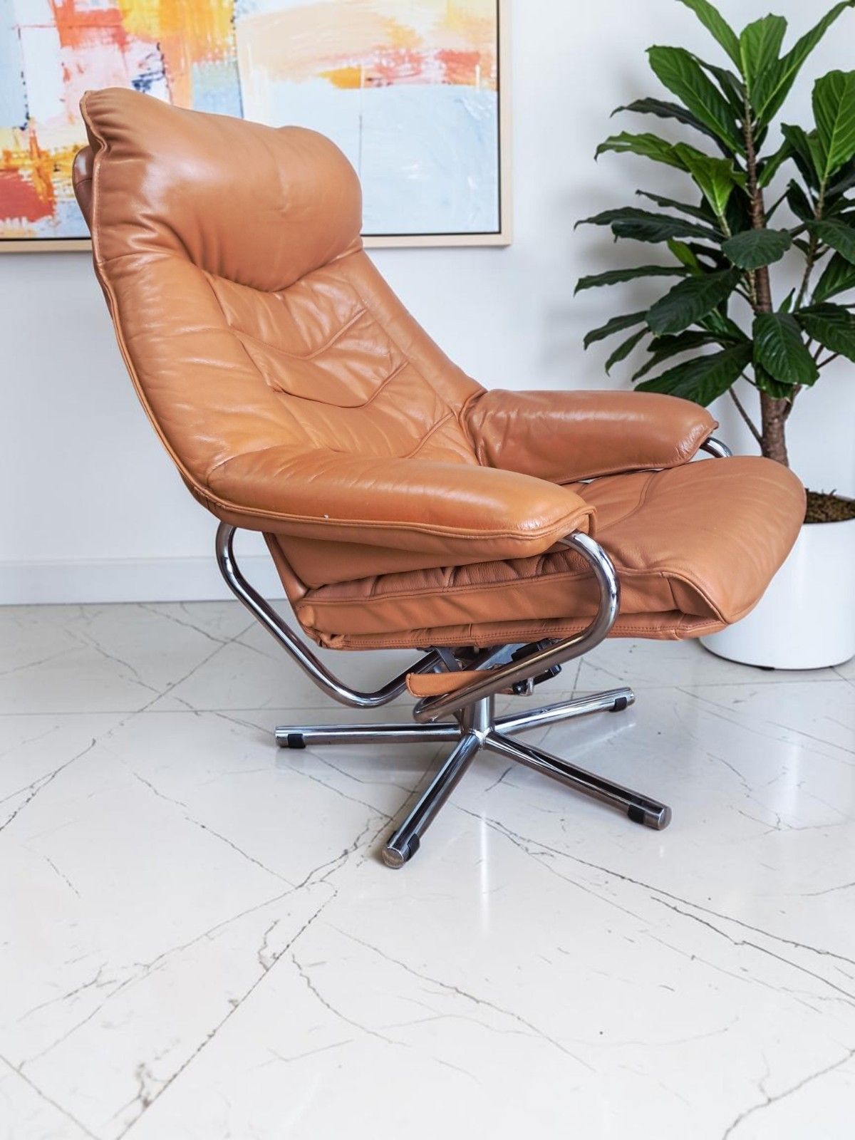 Mid Century Leather Lounge Chair Swivel & Footstool By Skoghaug Industri 1980 photo vintage