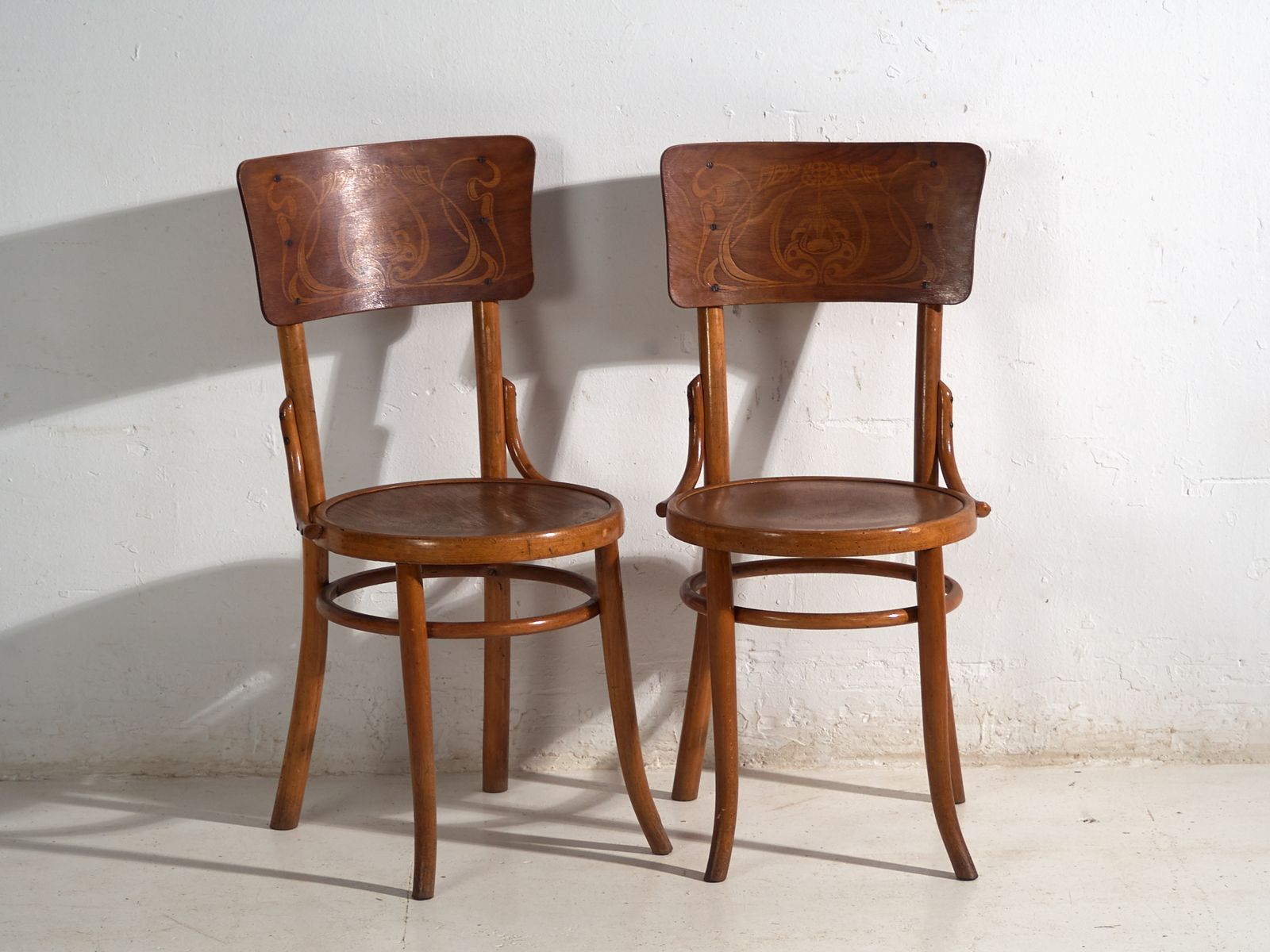 photo for sale Antique Set Of 4 Viennese Café Bentwood Chairs With Decorative Back Panel – Central Europe, Circa 1900