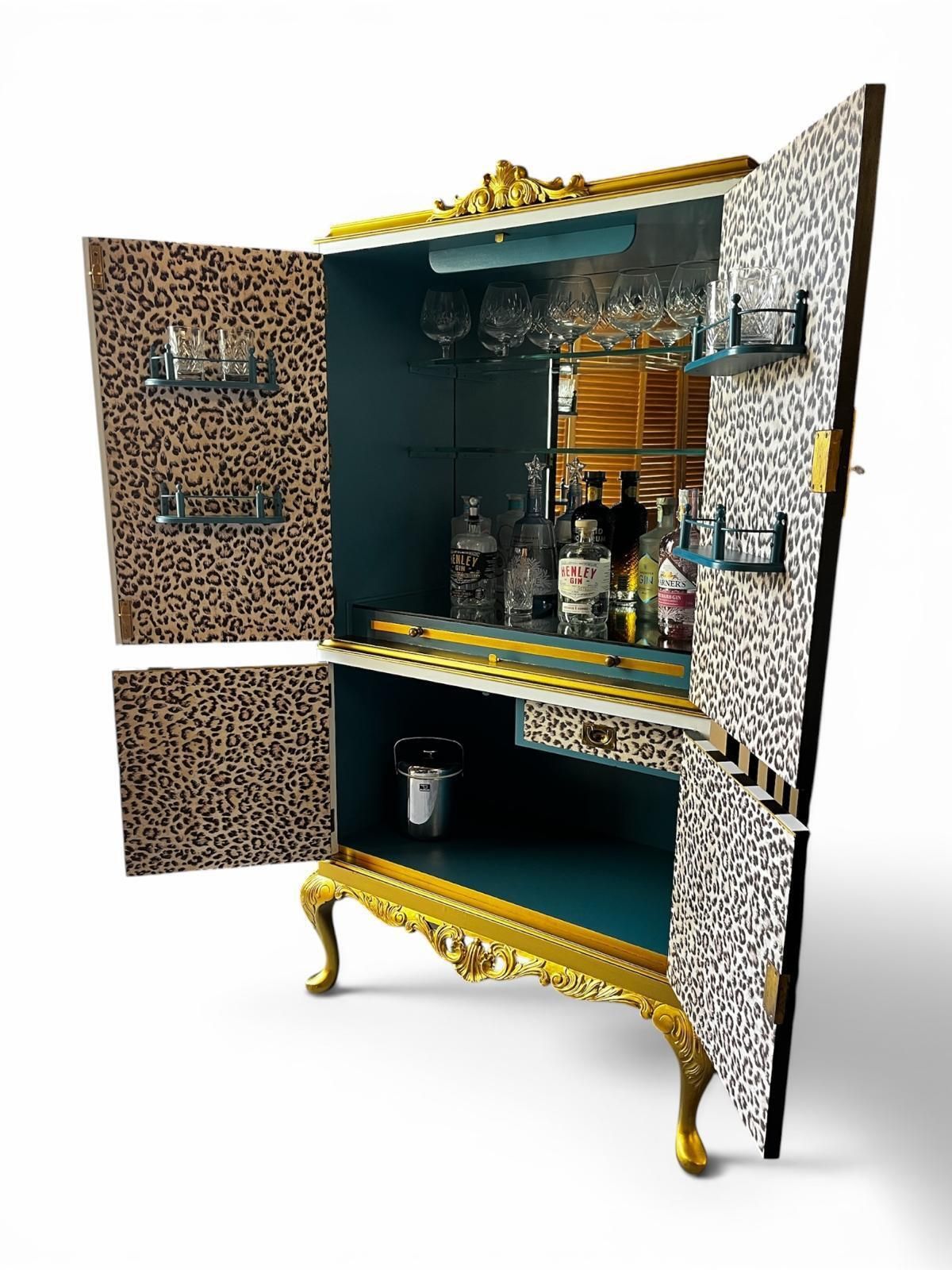 Stunning Queen Anne Style Vintage Drinks Cabinet, Hand Painted Luxury Black And White Stripe Exterior, Gold Accents photo furniture