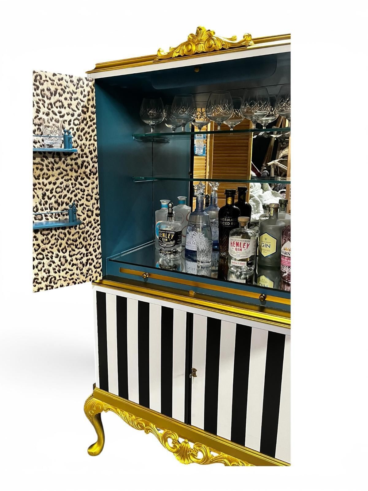 Stunning Queen Anne Style Vintage Drinks Cabinet, Hand Painted Luxury Black And White Stripe Exterior, Gold Accents photo Furniture