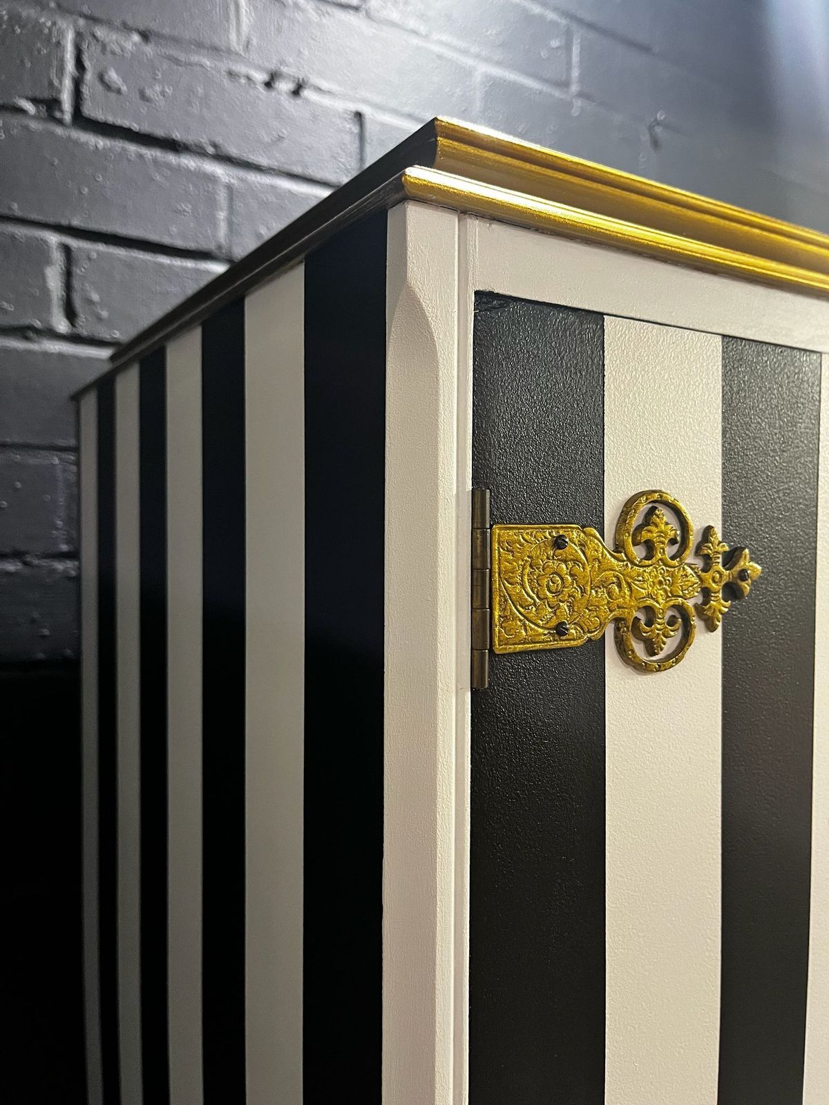Stunning Queen Anne Style Vintage Drinks Cabinet, Hand Painted Luxury Black And White Stripe Exterior, Gold Accents photo vinterior