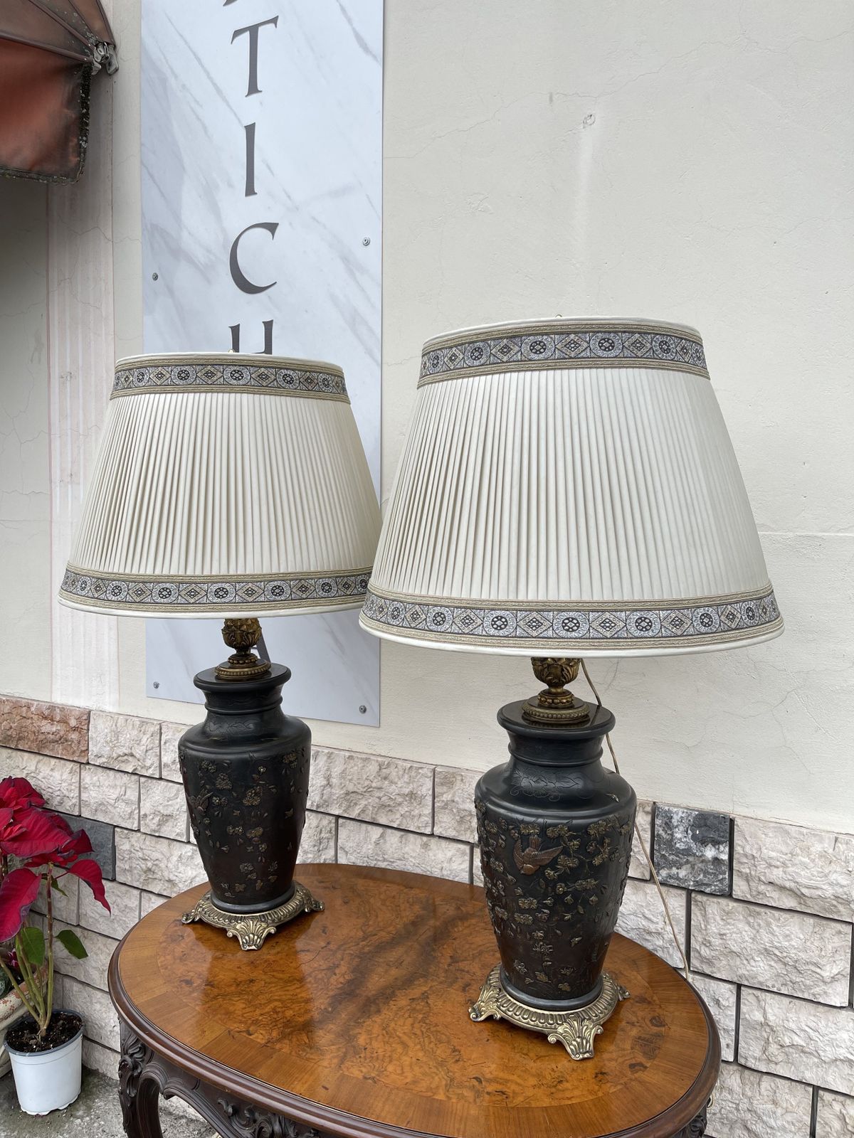 Pair Of Japanese Meiji Period Bronze Inlaid Table Lamps. photo for sale