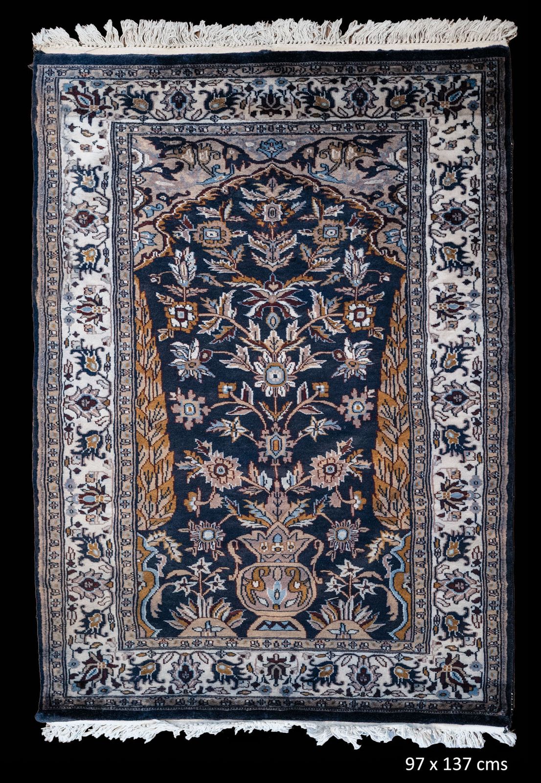 Hand Knotted Navy & Ivory 'Tree Of Life' Rug In 100% Wool Pile