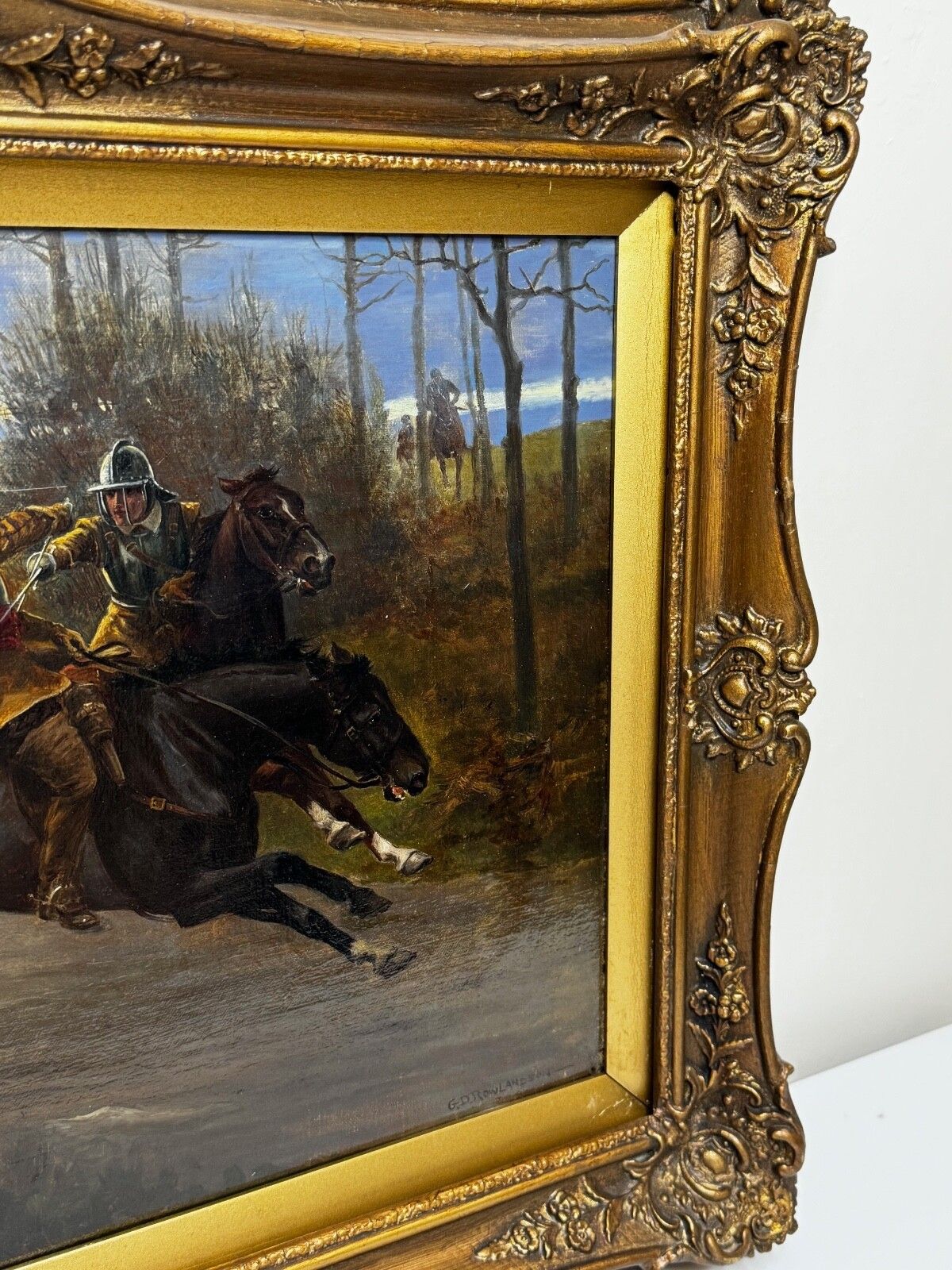 19th Century Oil Painting Civil War Royalist Pursued By Roundheads Escape From Worcester 1651 Gilt Framed photo for sale