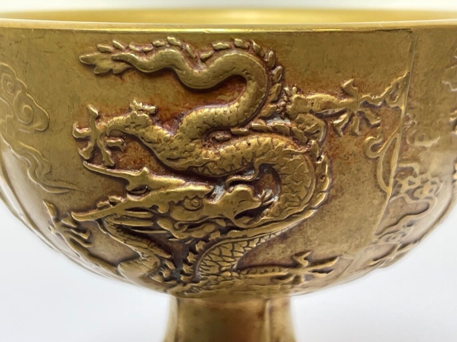 Home Decor Small Chinese Qing Dynasty Gilded Bronze Drinking Vessel Dragon Wine Goblet photo