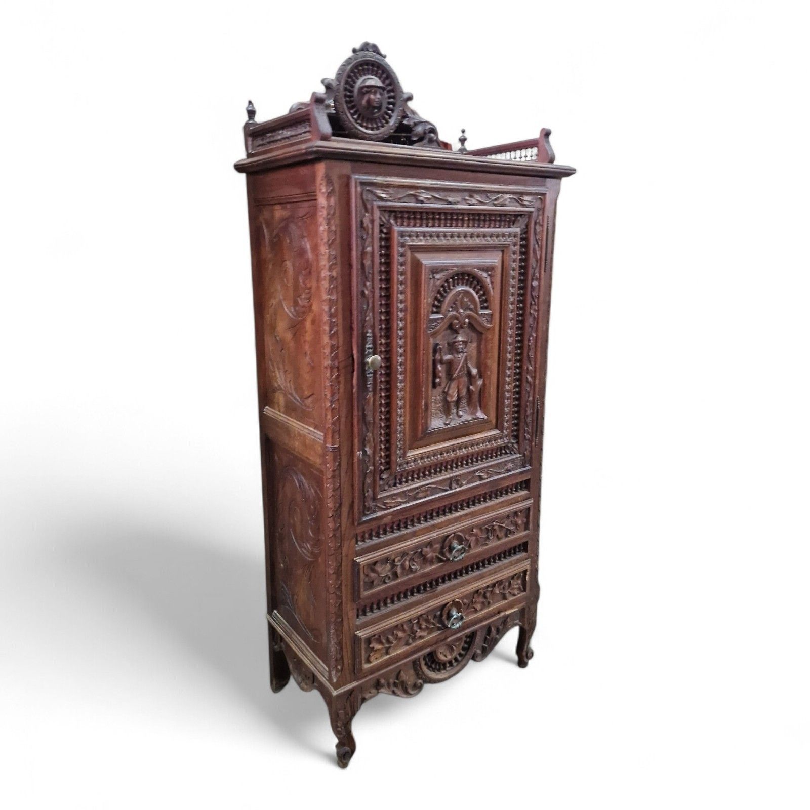 Antique Carved Oak Renaissance Revival Cabinet C.1880 Flemish Figural Panel Tall