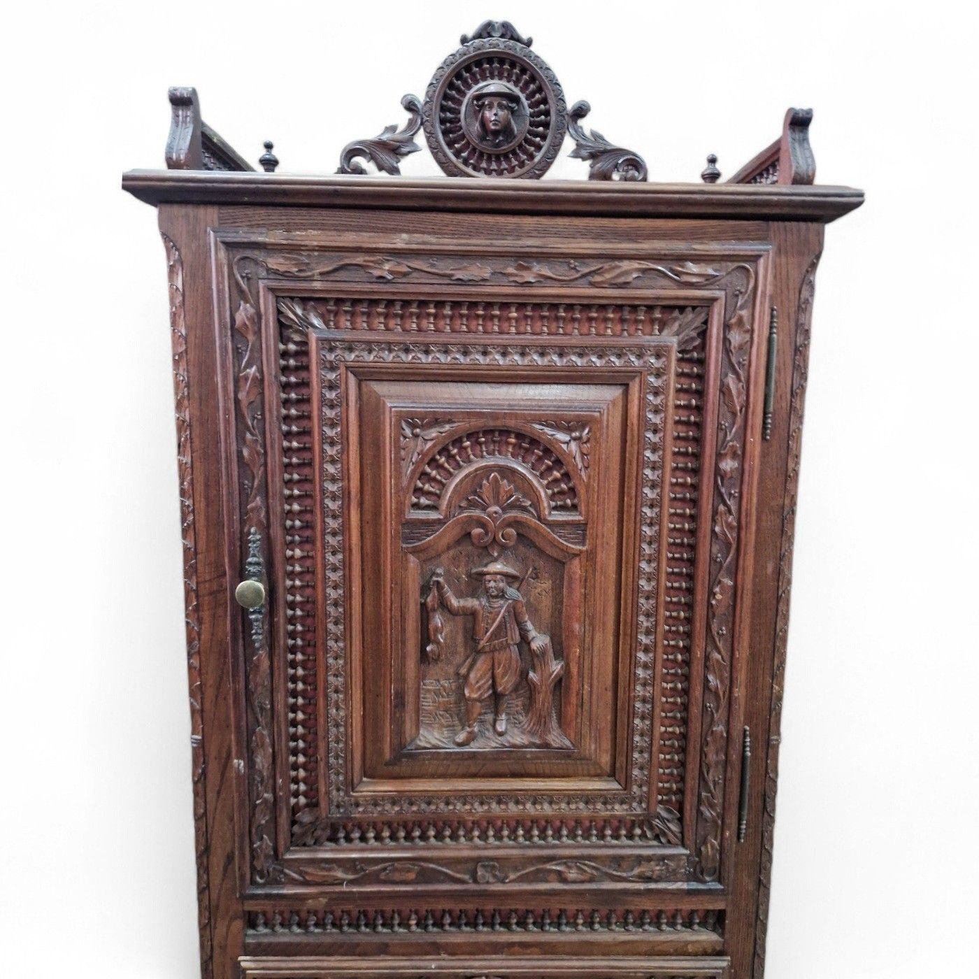 Antique Carved Oak Renaissance Revival Cabinet C.1880 Flemish Figural Panel Tall photo for sale