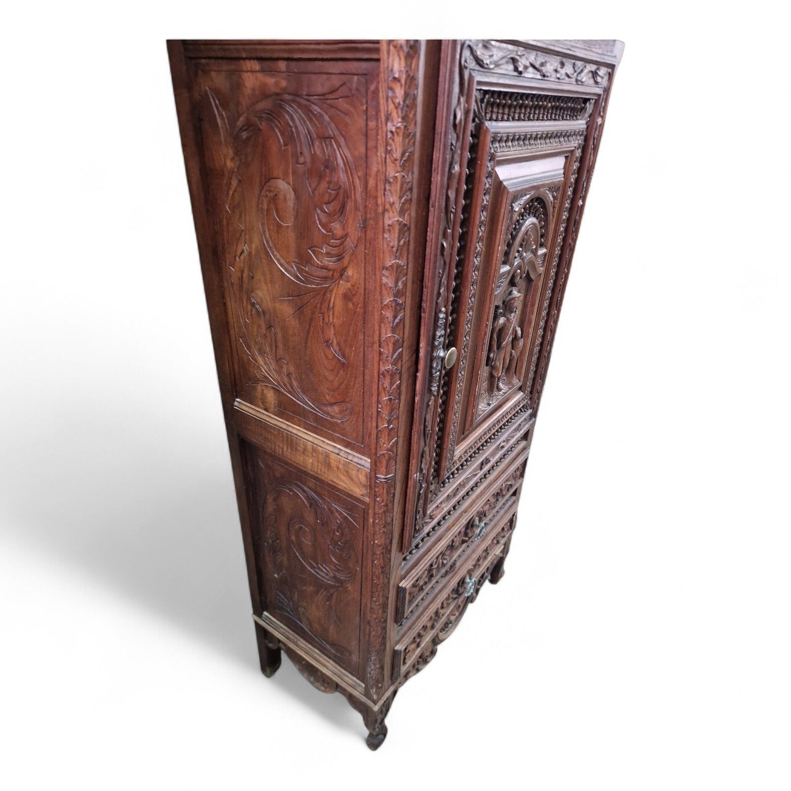Antique Carved Oak Renaissance Revival Cabinet C.1880 Flemish Figural Panel Tall photo vintage