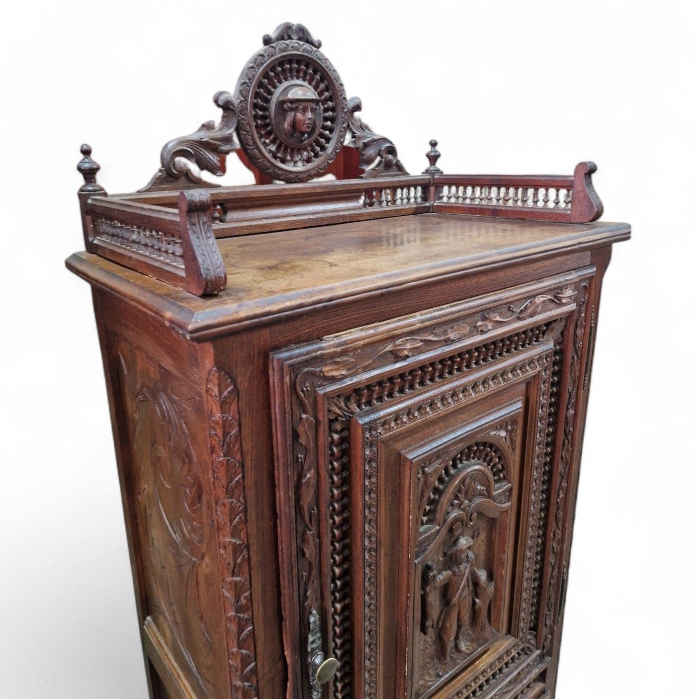 photo vintage Antique Carved Oak Renaissance Revival Cabinet C.1880 Flemish Figural Panel Tall