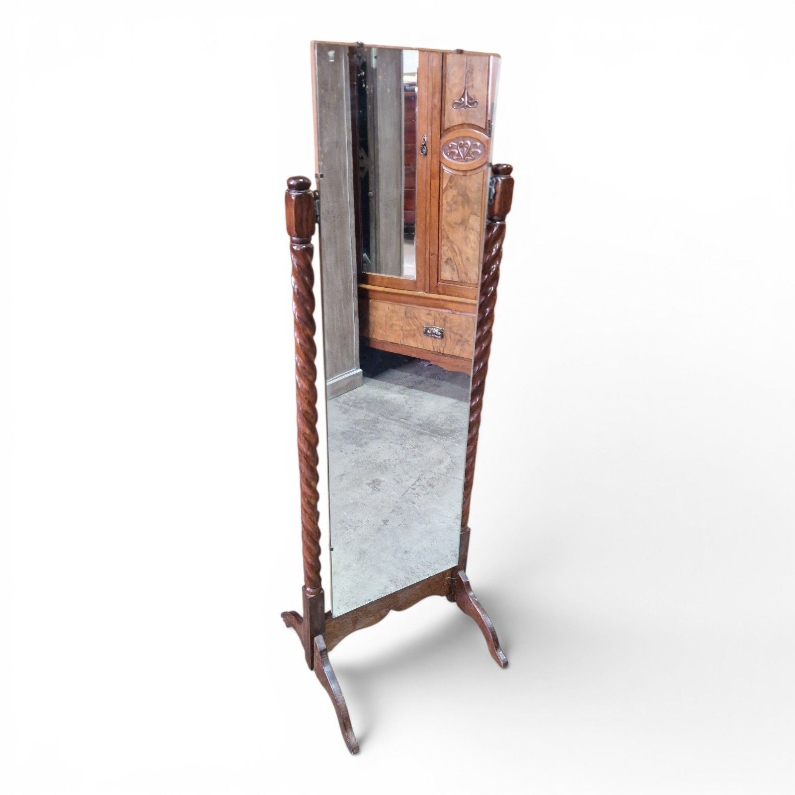 Vintage Cheval Mirror Barley Twist Stand Early 20th Century Tilting Mirror Oak photo 195.0