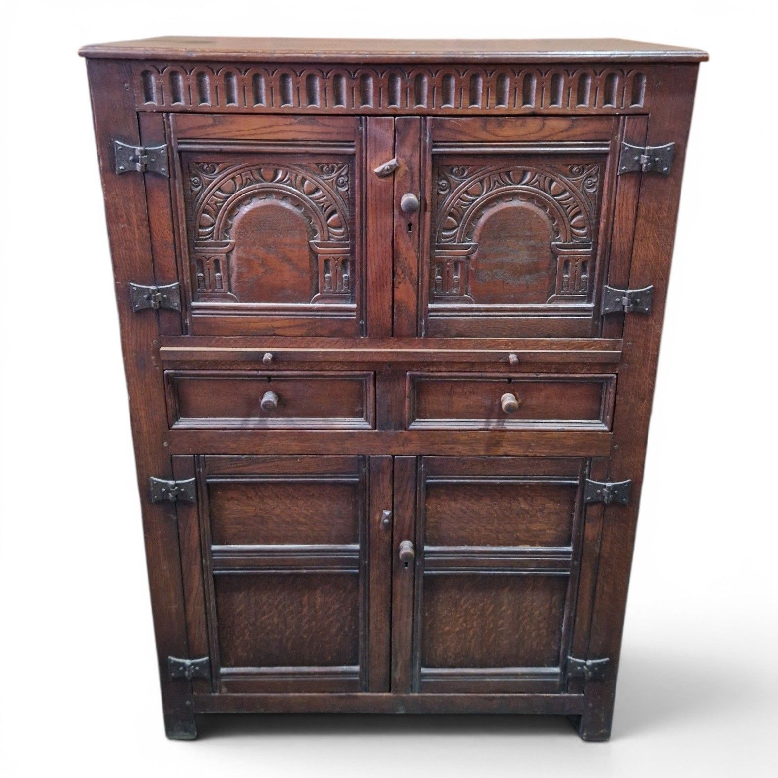 Carved Oak Drinks Cabinet Bar Cocktail Cupboard Drawers Slide Antique Style photo for sale