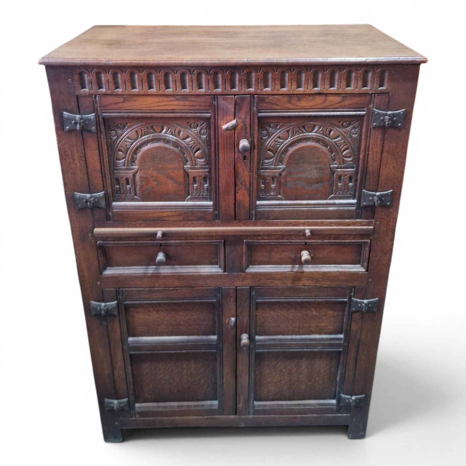 Carved Oak Drinks Cabinet Bar Cocktail Cupboard Drawers Slide Antique Style photo Furniture