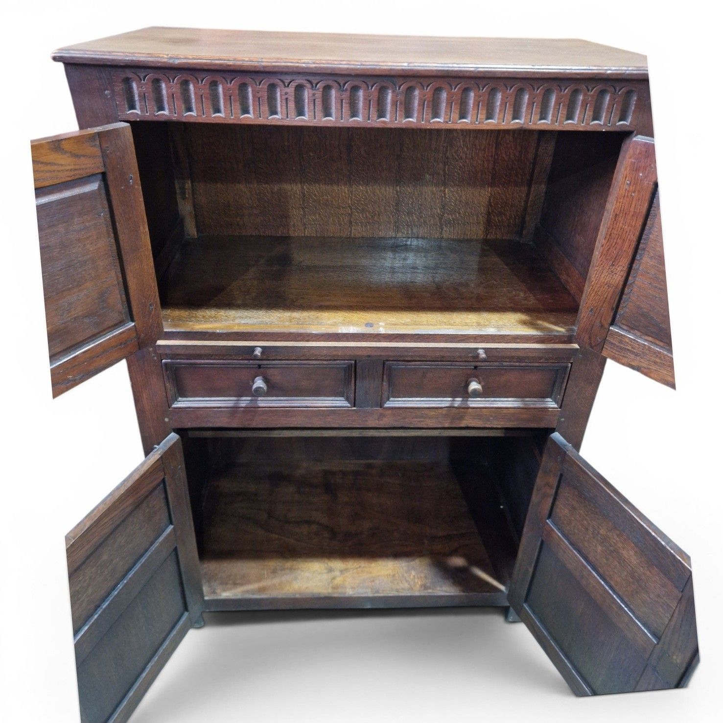 photo buy Carved Oak Drinks Cabinet Bar Cocktail Cupboard Drawers Slide Antique Style