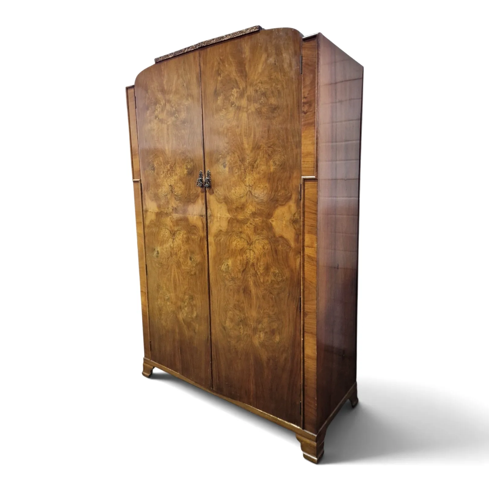 Art Deco Walnut Wardrobe Armoire Antique Vintage Figured Double Doors Carved photo furniture