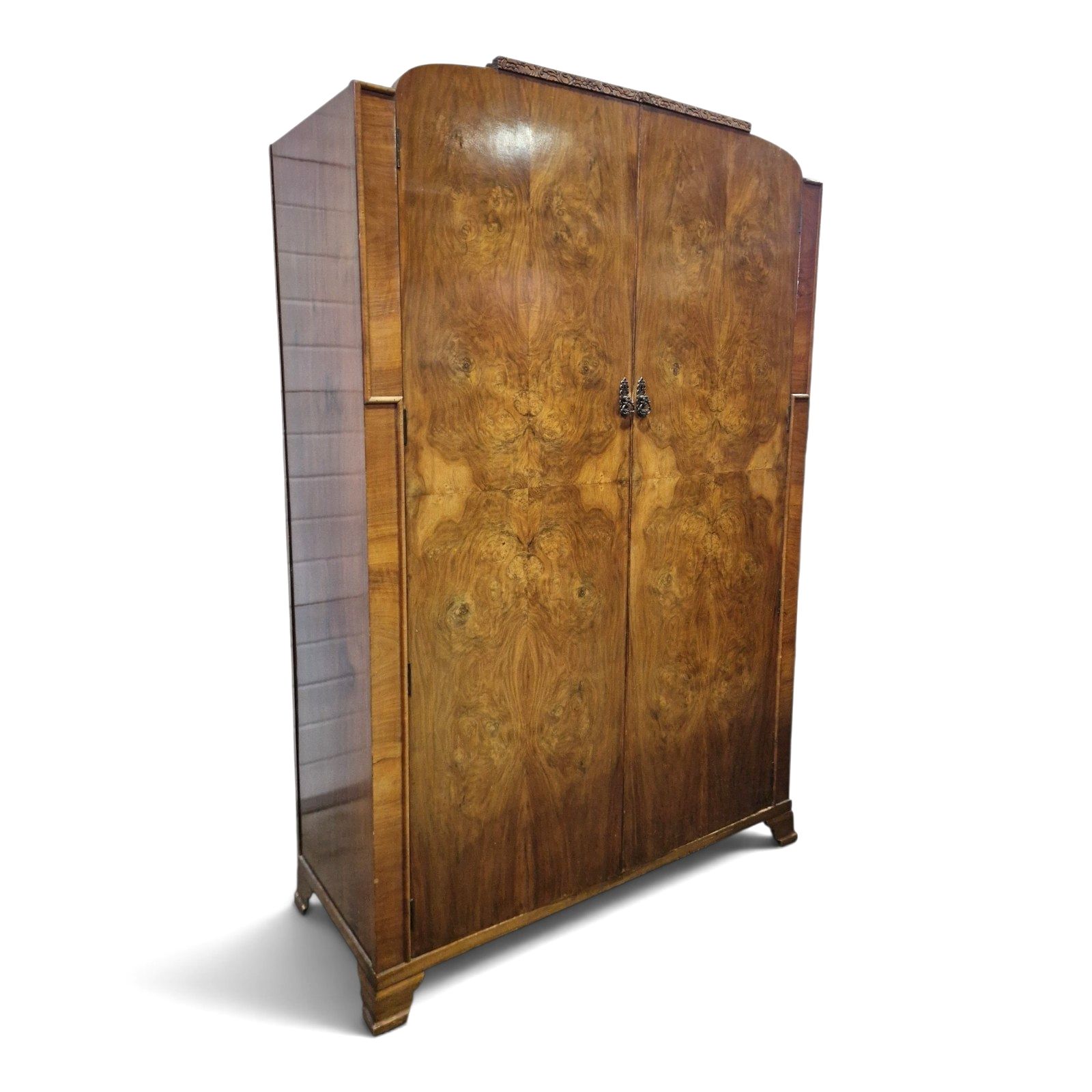 Art Deco Walnut Wardrobe Armoire Antique Vintage Figured Double Doors Carved photo buy