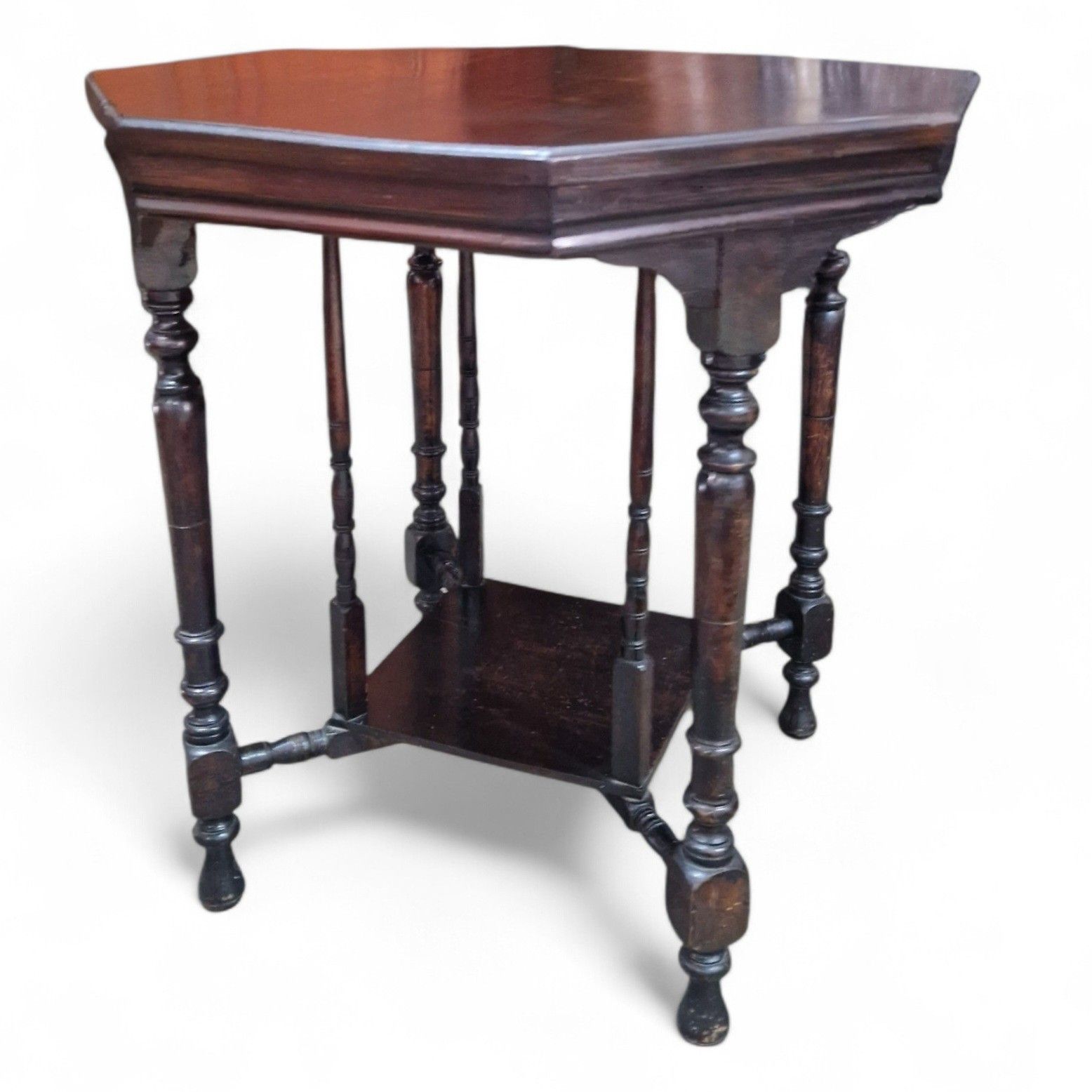 Victorian Octagonal Occasional Table 2 Tier Solid Wood Turned Supports Antique photo furniture