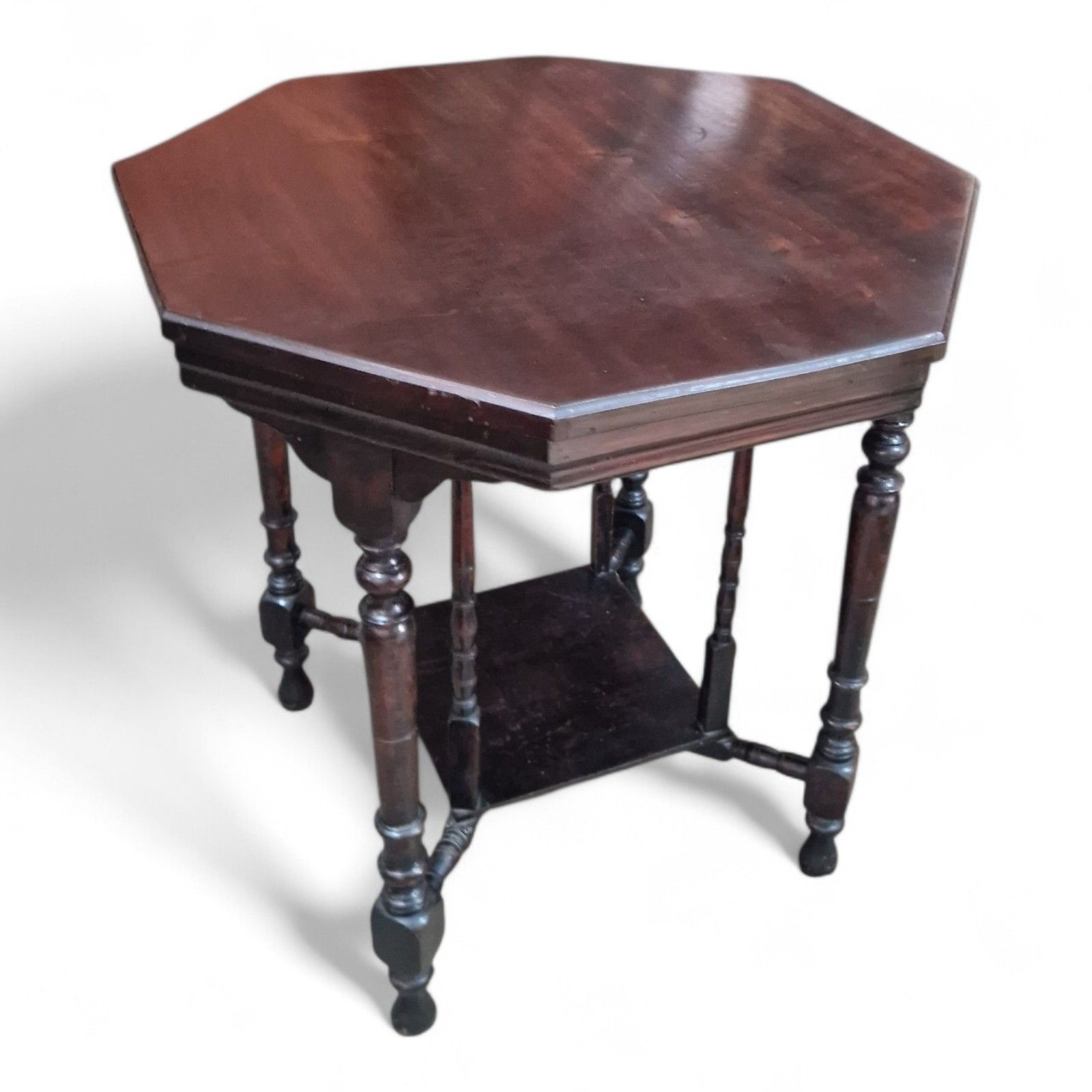 80.0 Victorian Octagonal Occasional Table 2 Tier Solid Wood Turned Supports Antique photo