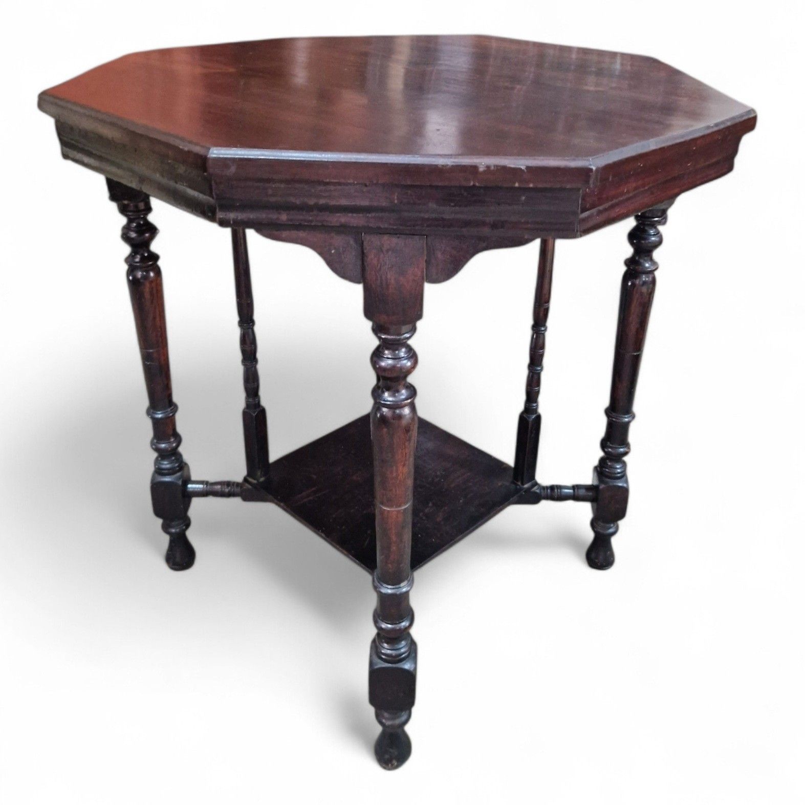 photo vinterior Victorian Octagonal Occasional Table 2 Tier Solid Wood Turned Supports Antique