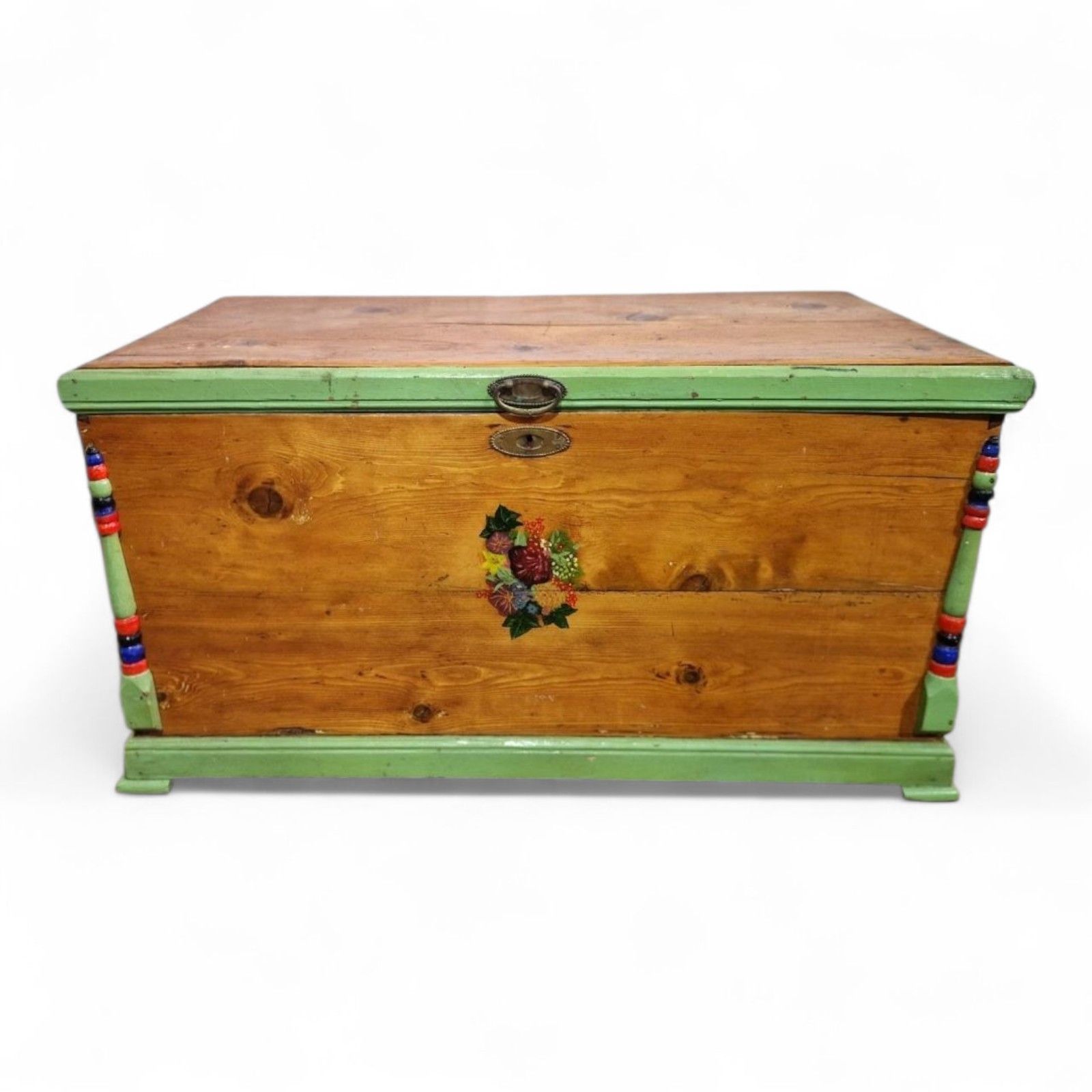 Pine Blanket Box Antique Wood Hand Painted Scandinavian Folk Art Storage Chest