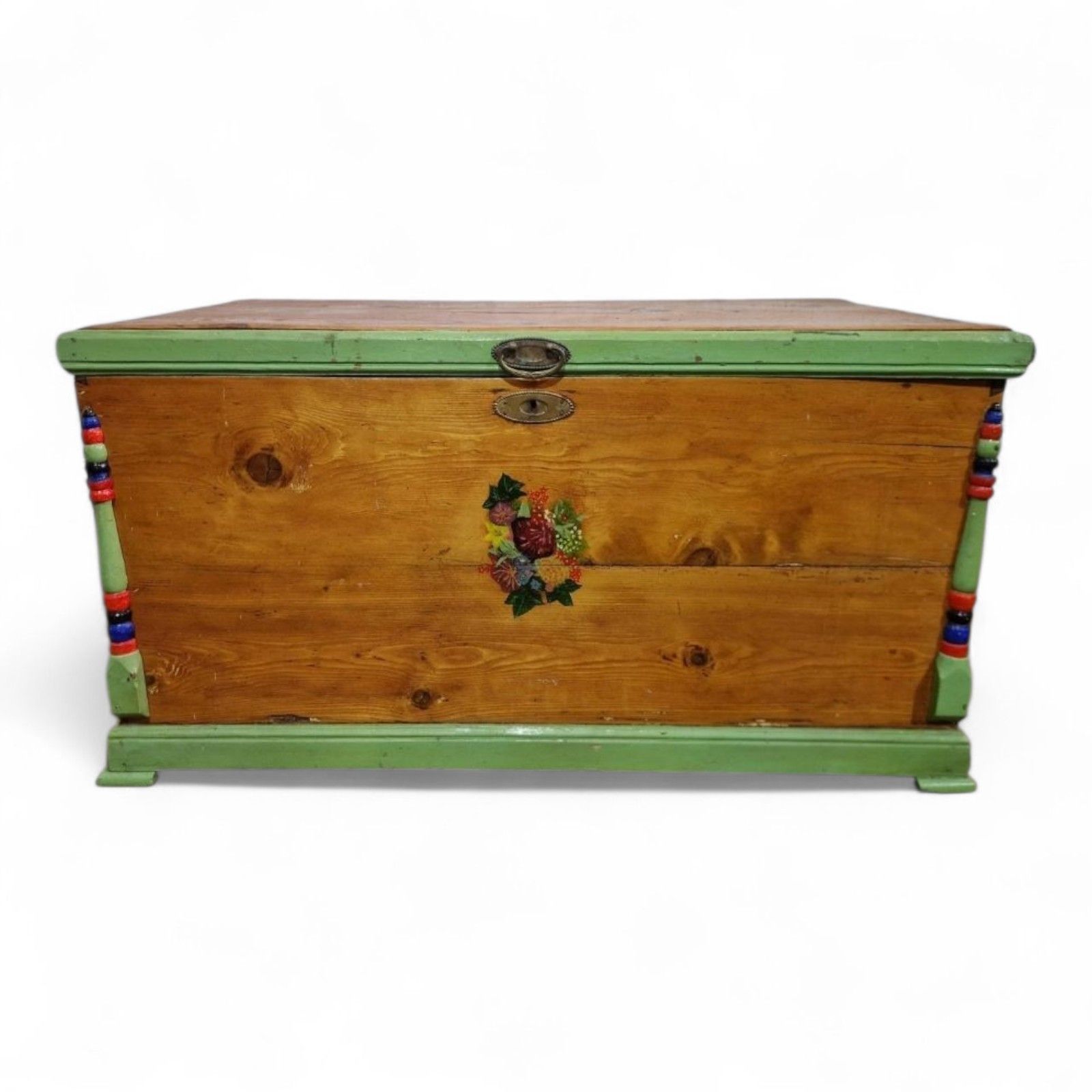 Pine Blanket Box Antique Wood Hand Painted Scandinavian Folk Art Storage Chest photo 165.0