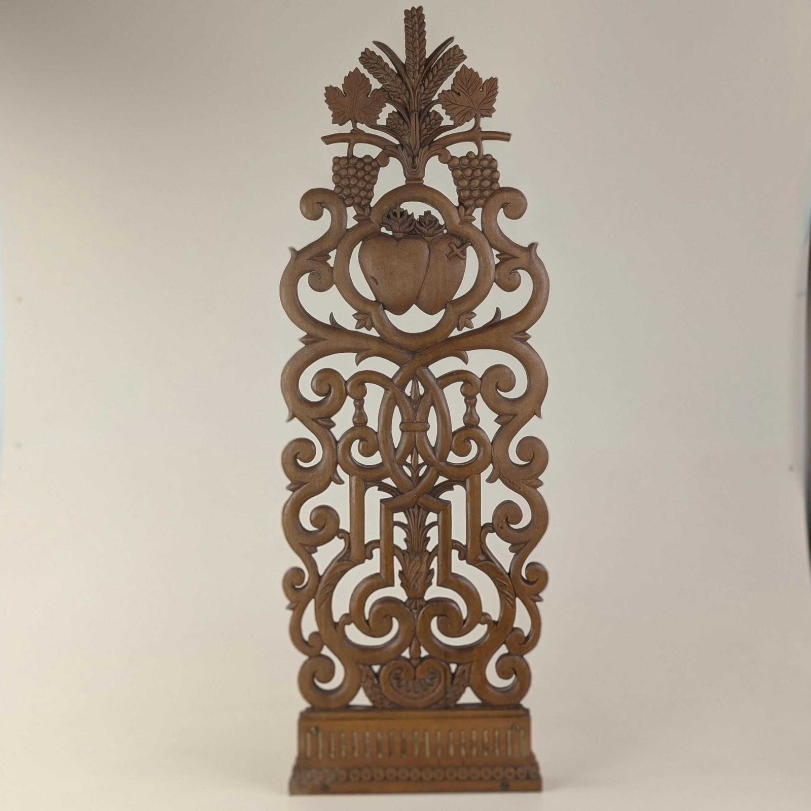 Carved Wood Religious Altar Fragment, 19th Century French Catholic Church Pediment, Sacred Heart Eucharist Wheat Grapes Plaque