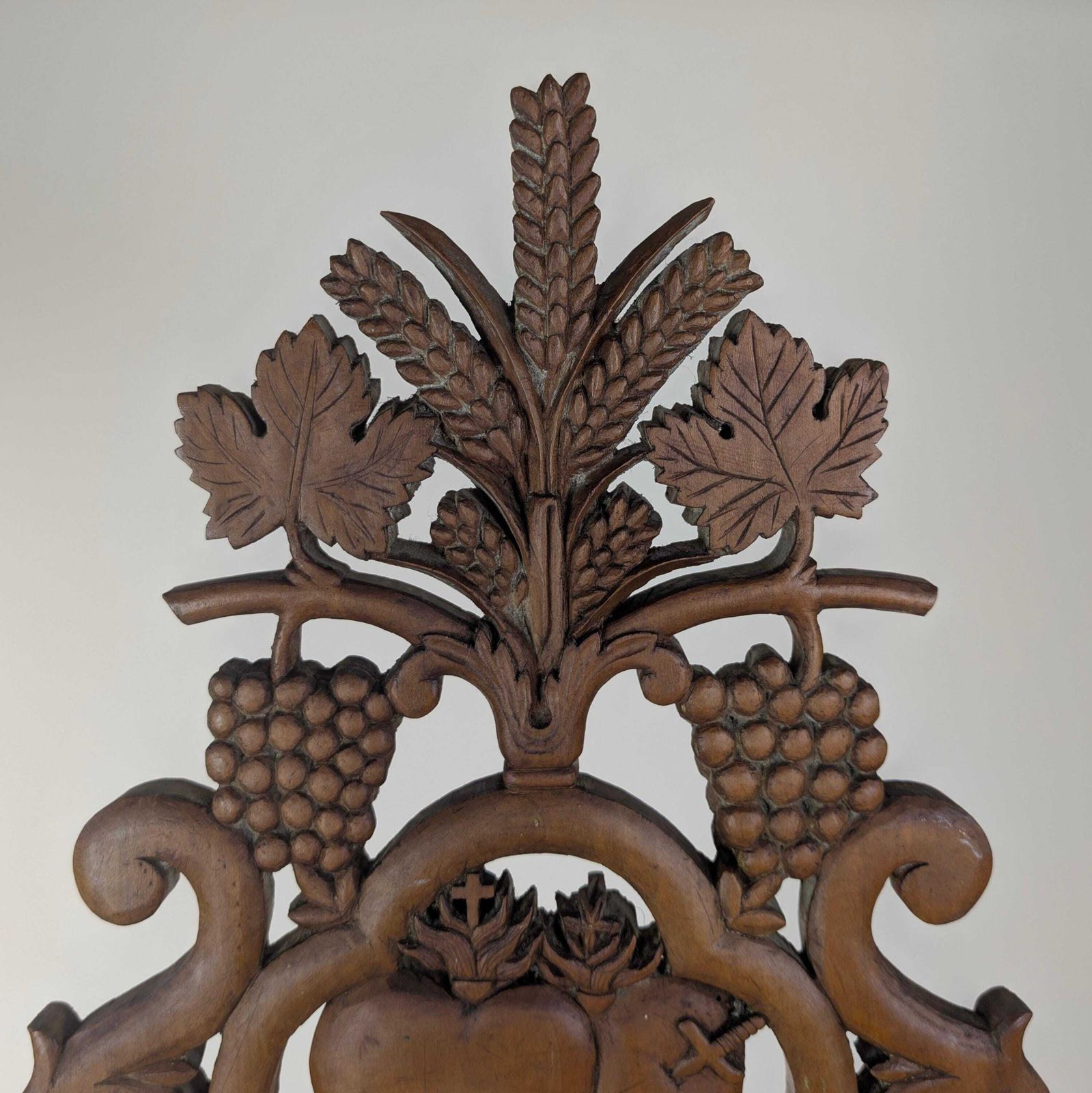 photo buy Carved Wood Religious Altar Fragment, 19th Century French Catholic Church Pediment, Sacred Heart Eucharist Wheat Grapes Plaque