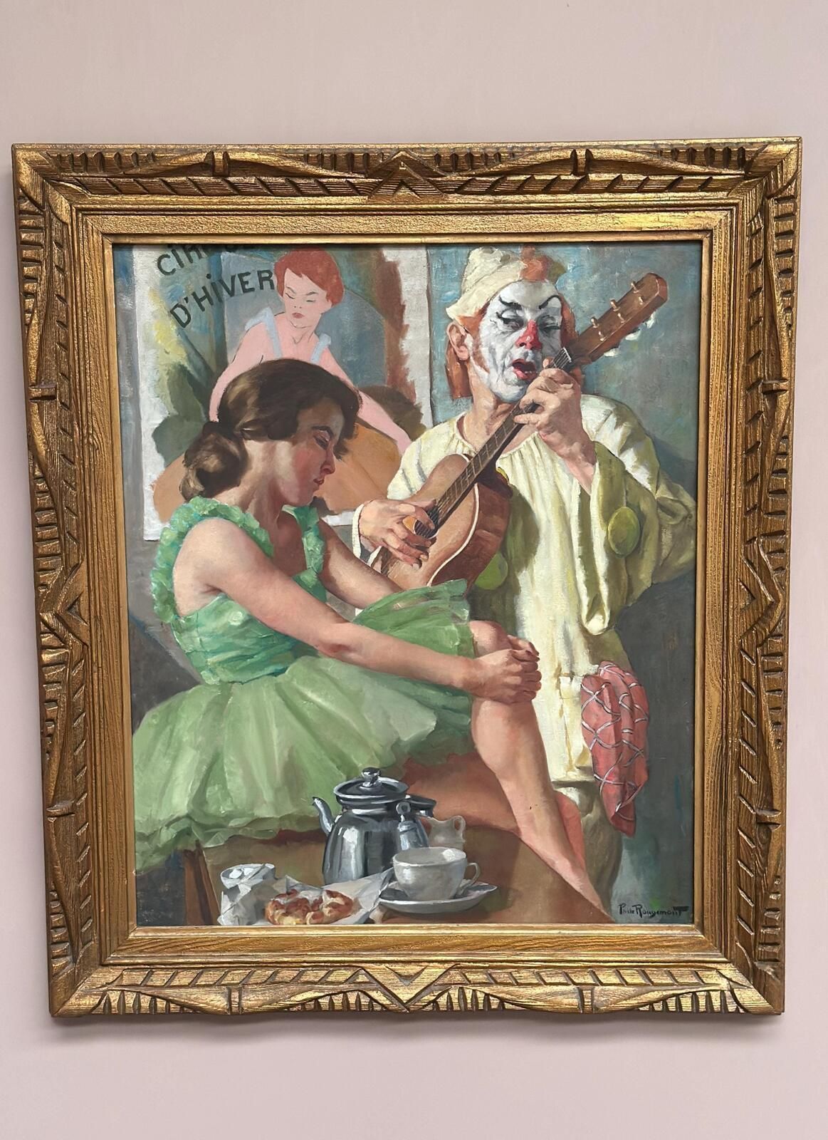 1270.0 Original Early Century French Oil On Canvas – “Woman And Clown” By Philippe De Rougemont – Vintage & Framed – 82 × 70 Cm (32.3" × 27.6" photo