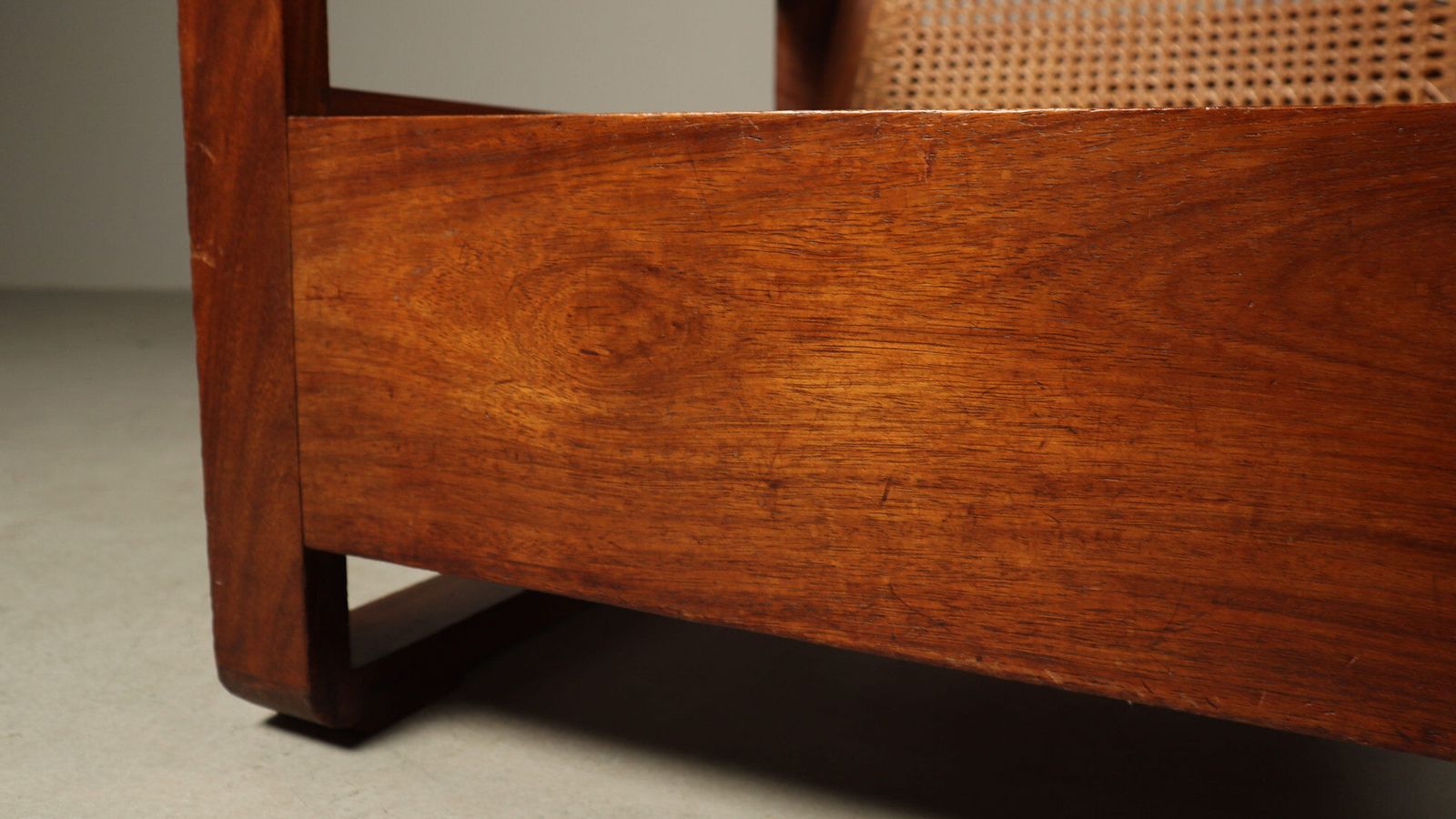 photo buy Mid Century Architectural Teak Lounge Chair With Cane Seat, 1950s