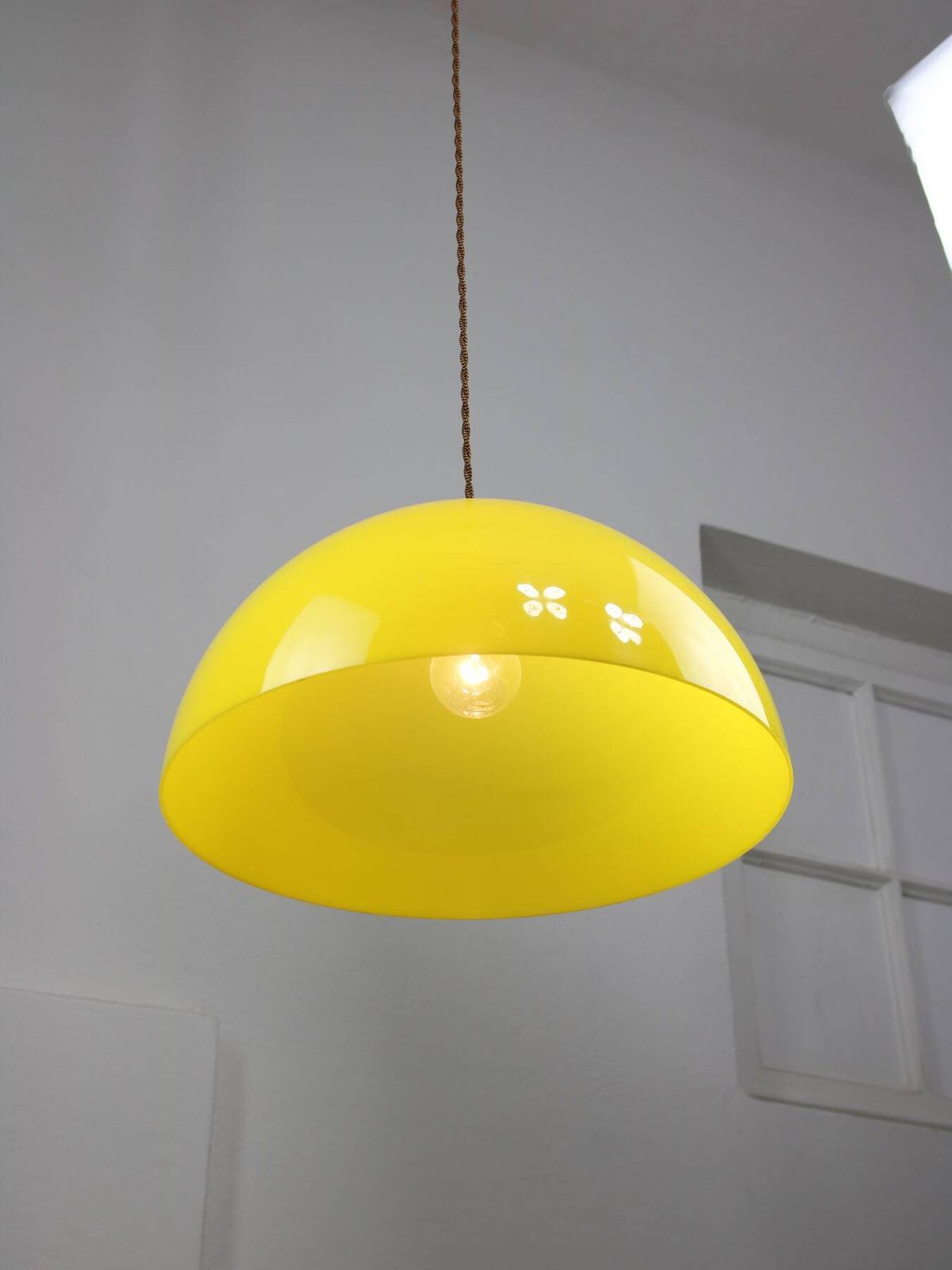 Vintage Italian Brass And Yellow Plexiglas Pendant Lamp photo for sale