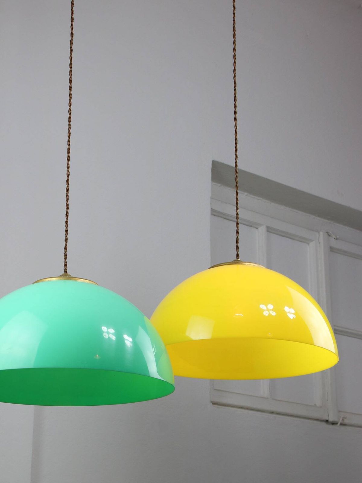 photo for sale Vintage Italian Brass And Yellow Plexiglas Pendant Lamp