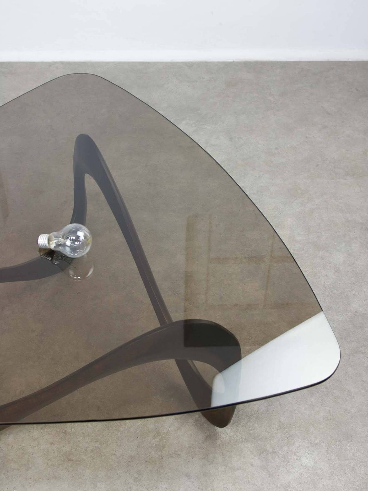 Furniture Italian Organic "Snake" Wooden And Smoked Glass Coffee Table, 1960s photo