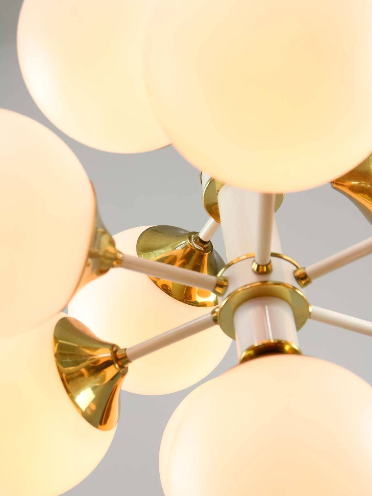 Vintage Italian Brass And Opaline 10 Arm Sputnik Chandelier, 1970s photo for sale