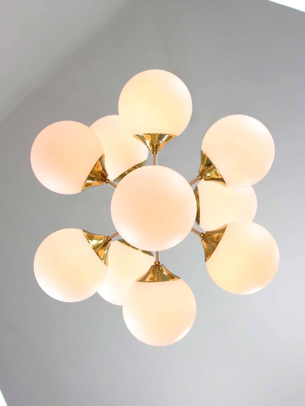 Vintage Italian Brass And Opaline 10 Arm Sputnik Chandelier, 1970s photo buy