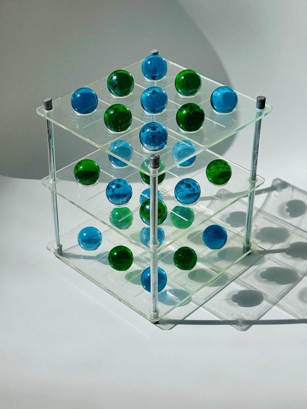 1970's 3d Lucite Tri Tac Toe Game With Blue & Green Glass Marbles