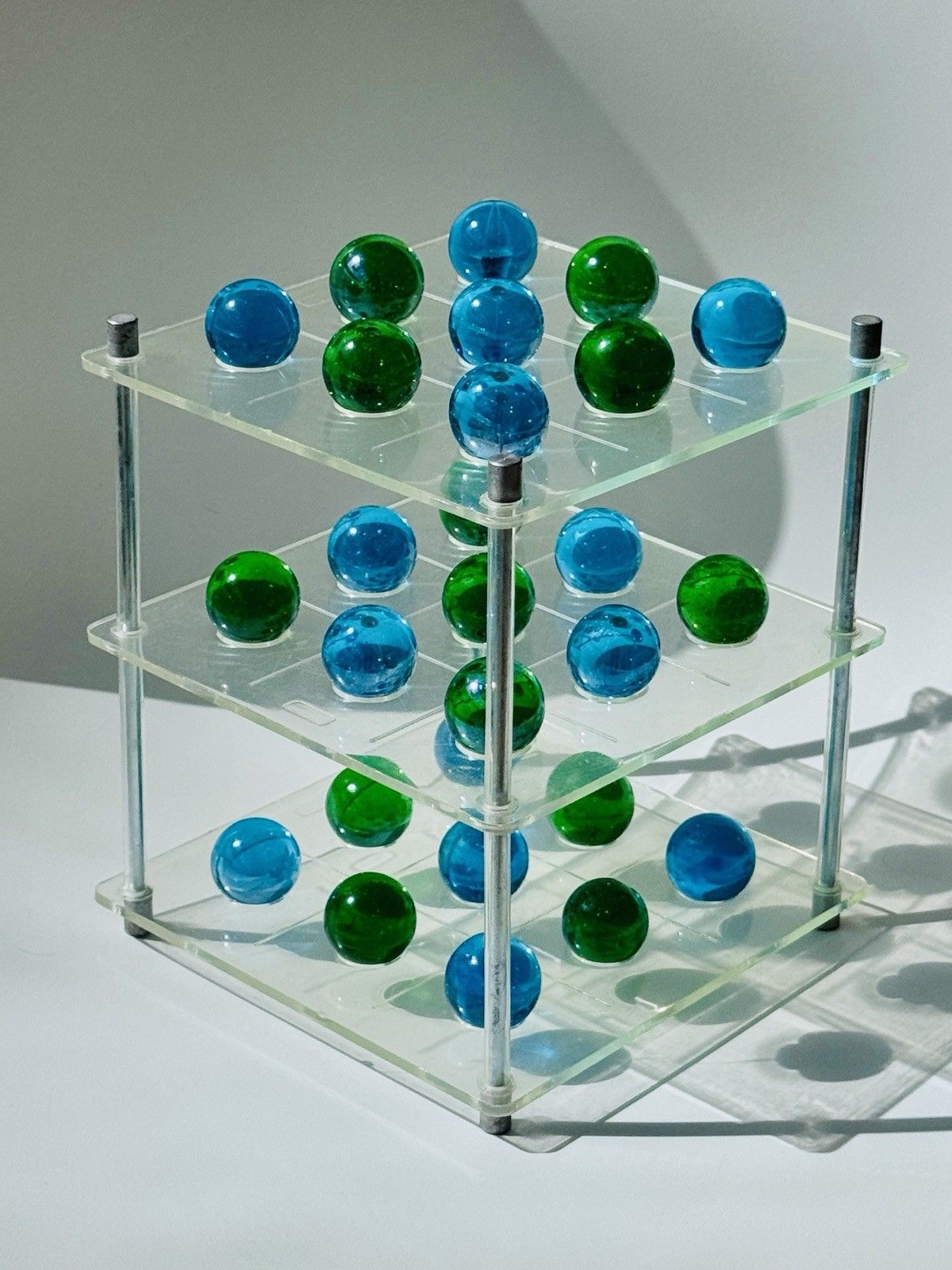1970's 3d Lucite Tri Tac Toe Game With Blue & Green Glass Marbles photo vintage