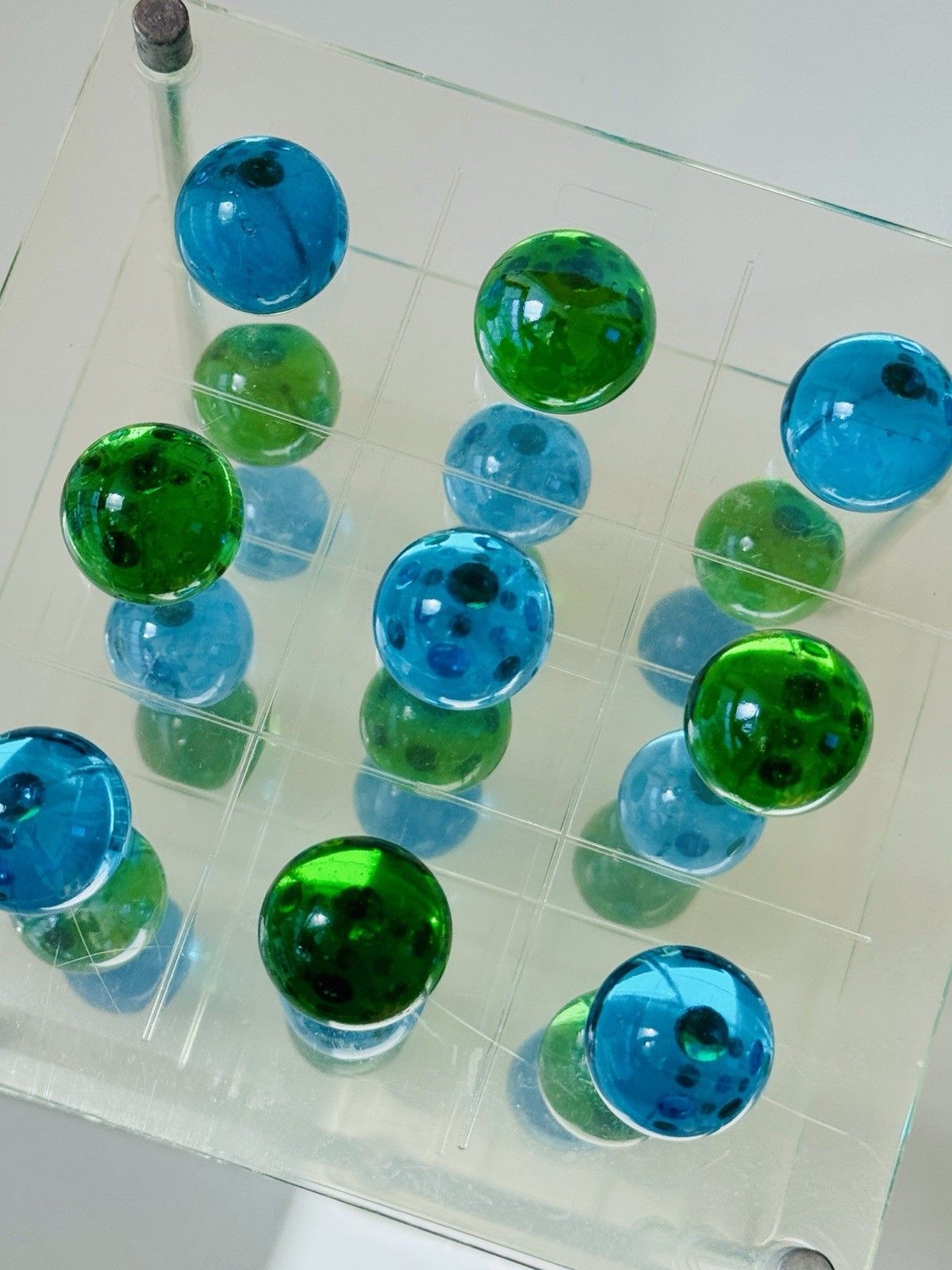 photo furniture 1970's 3d Lucite Tri Tac Toe Game With Blue & Green Glass Marbles